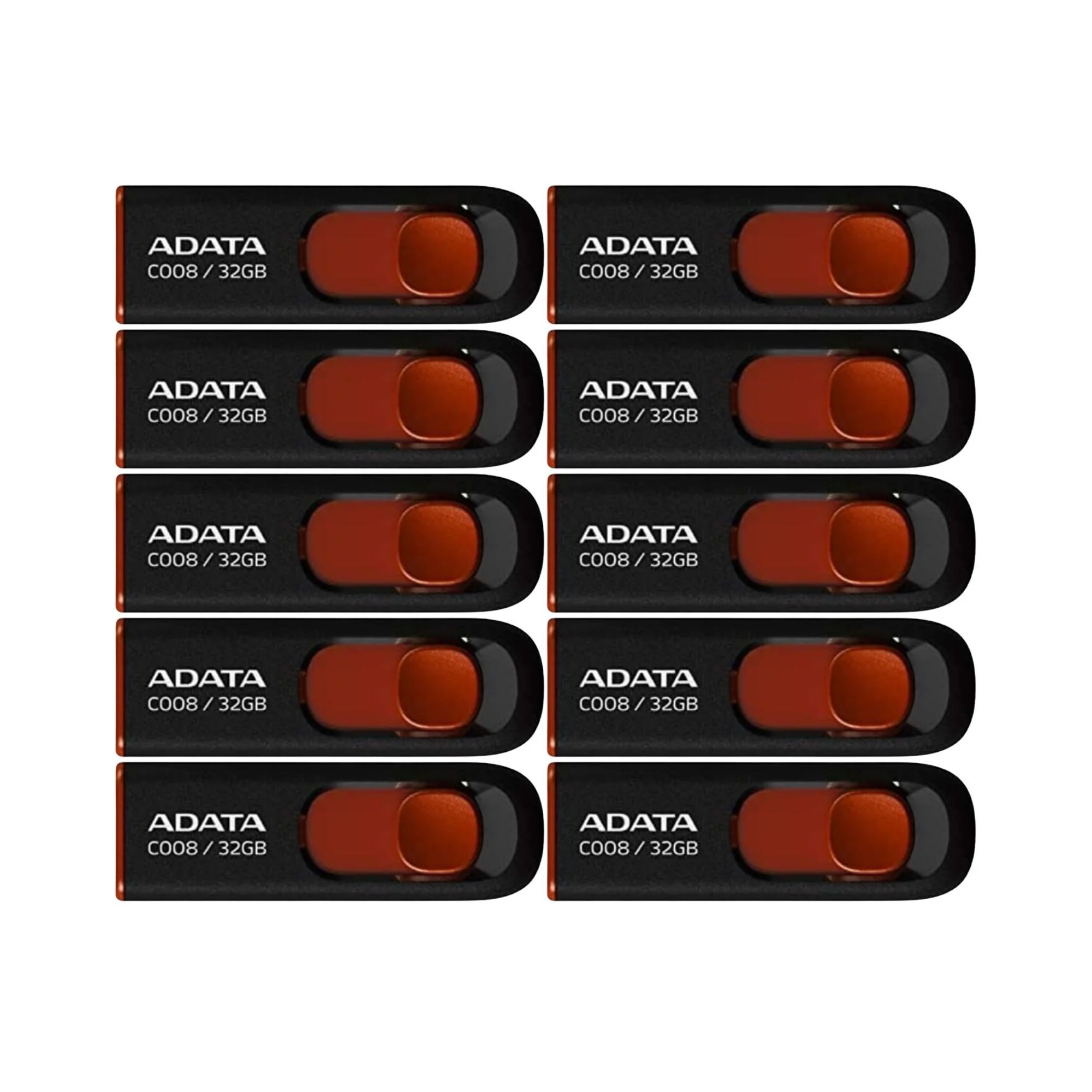 Adata C008 32GB USB 2.0 Retractable Flash Drive (Red) with USB 3.0 to USB-C Adapter (10-Pack)