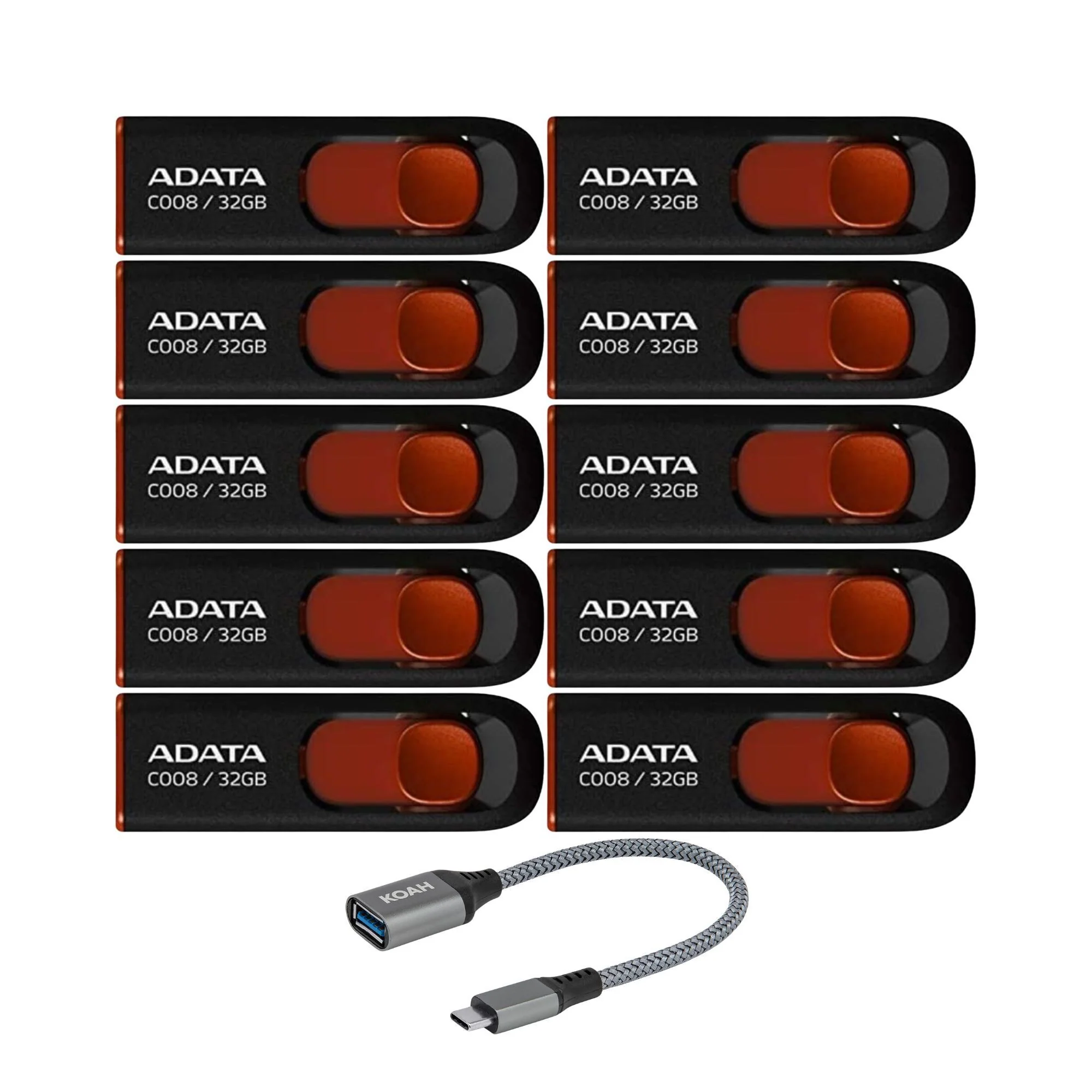 Adata C008 32GB USB 2.0 Retractable Flash Drive (Red) with USB 3.0 to USB-C Adapter (10-Pack) - Image 8