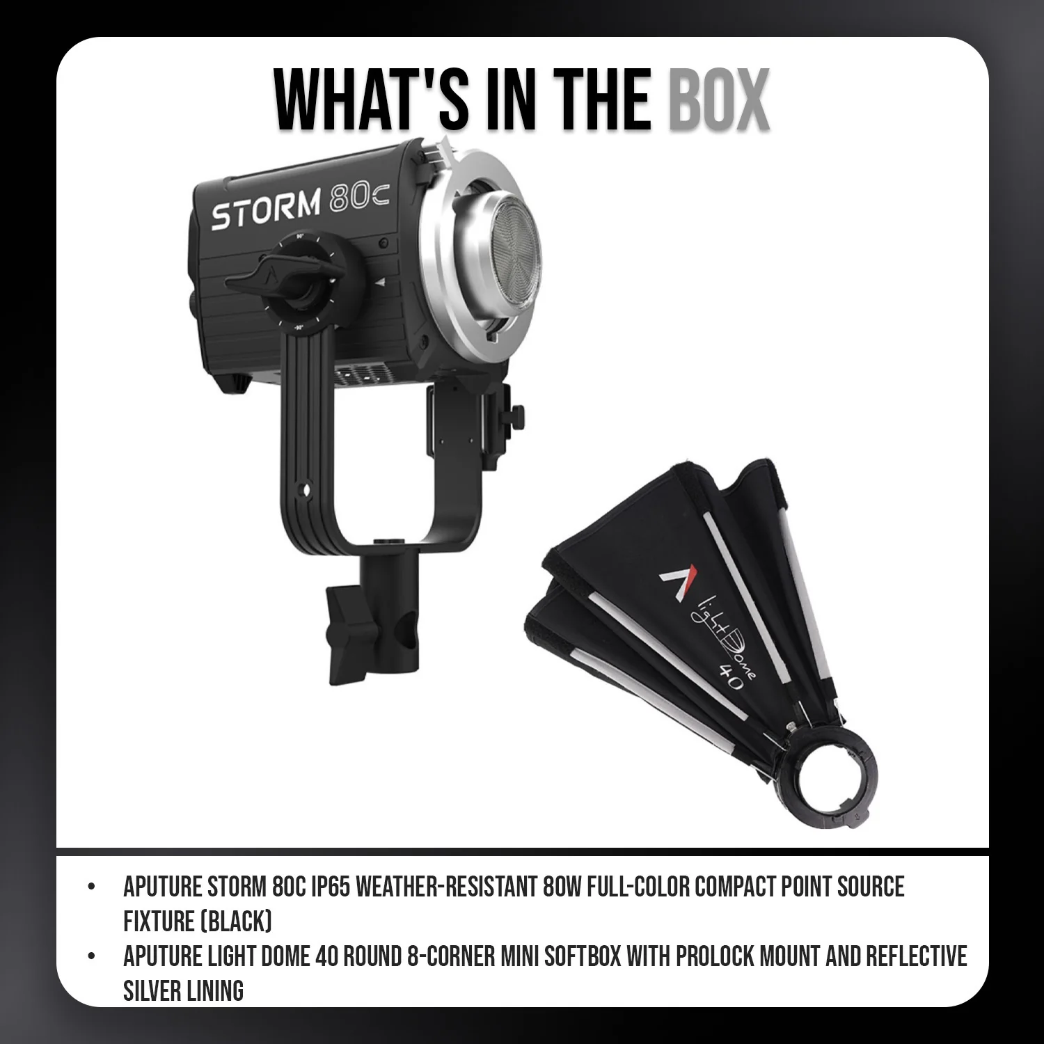 Aputure STORM 80c IP65 80W Full-Color Compact Point Source Fixture (Black) with Mini Softbox Bundle - Image 8