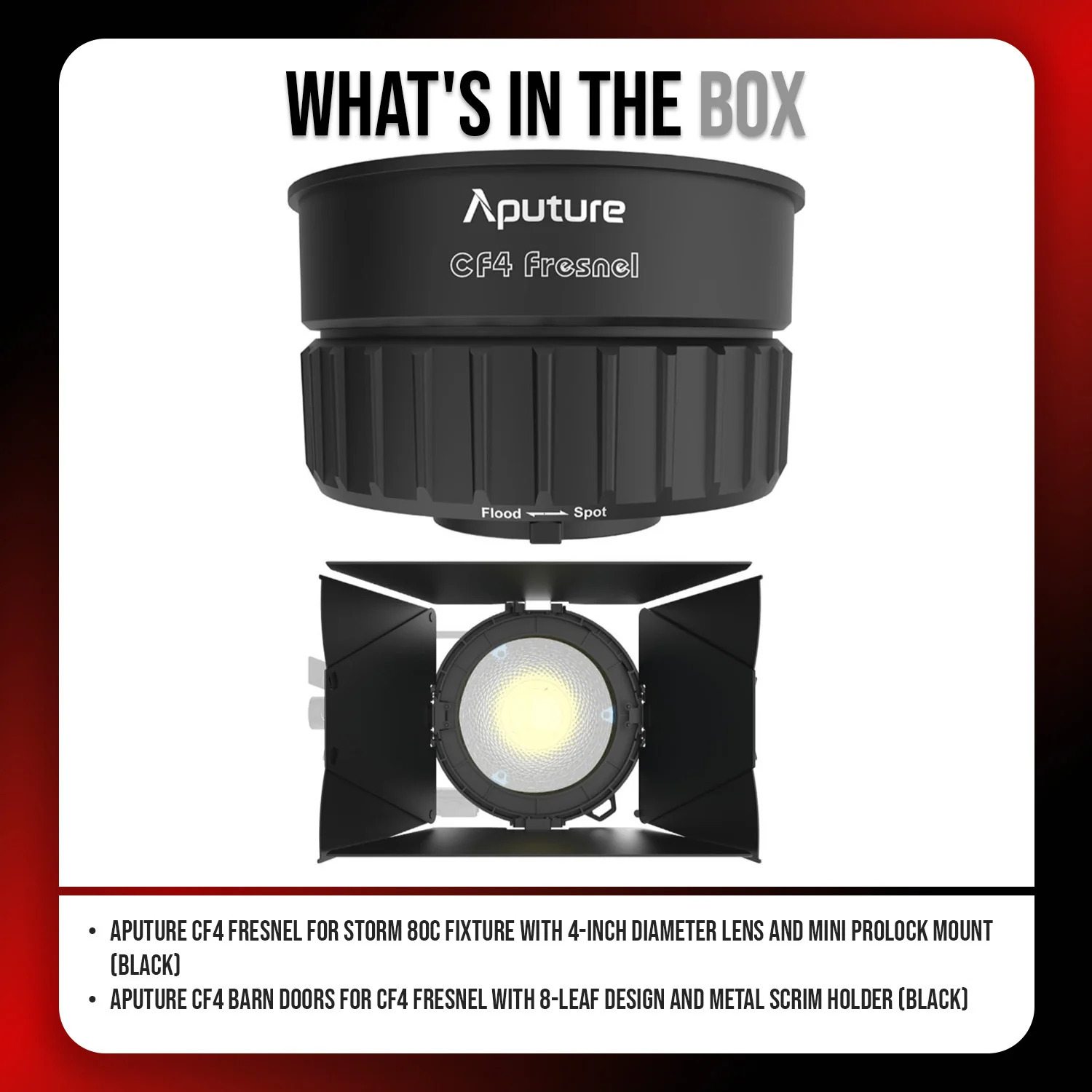 Aputure CF4 Fresnel for Storm 80c Fixture with 4-Inch Diameter Lens (Black) and CF4 Barn Door Bundle - Image 6