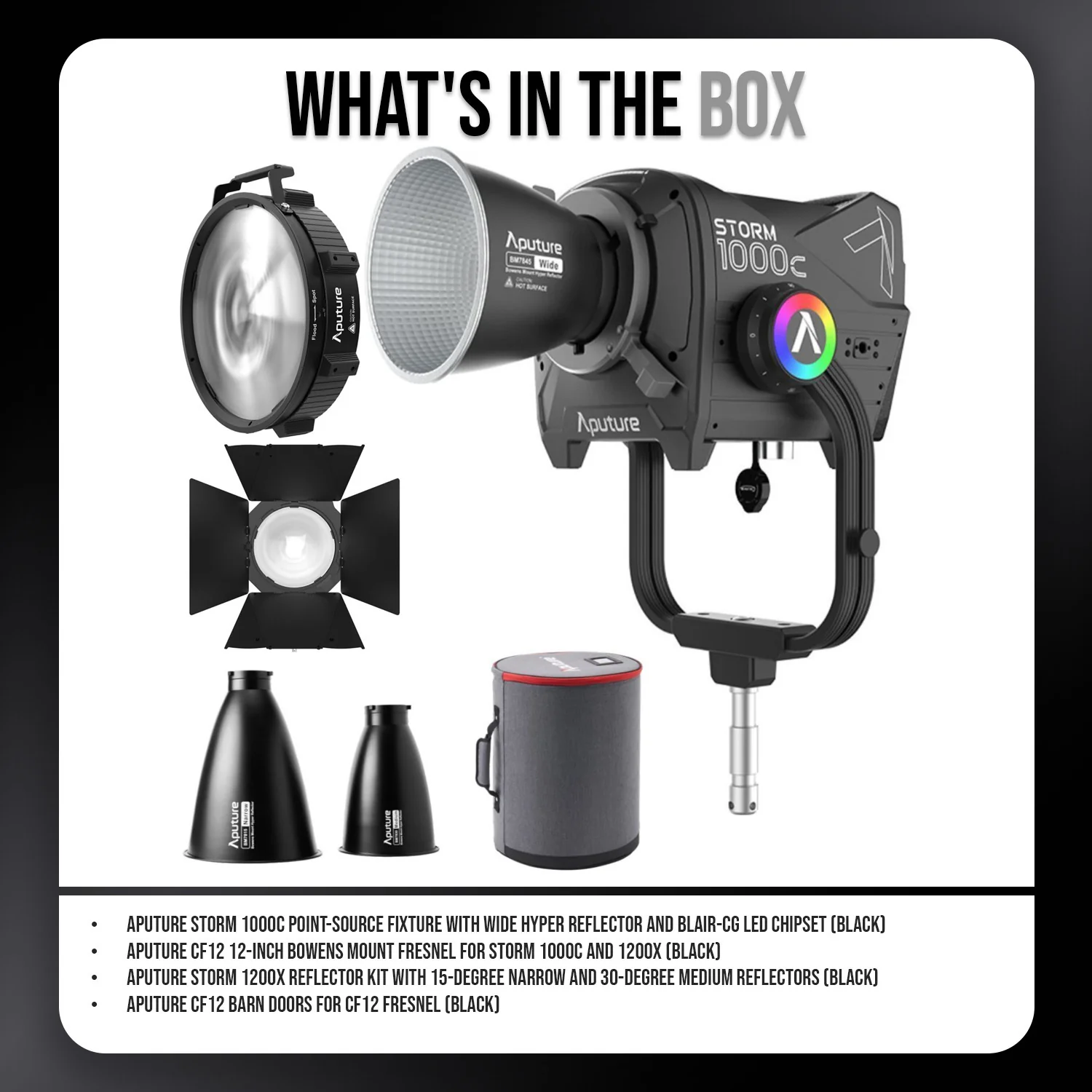 Aputure Storm 1000c Point-Source Fixture with Wide Hyper Reflector (Black) with Black Fresnel Bundle - Image 8