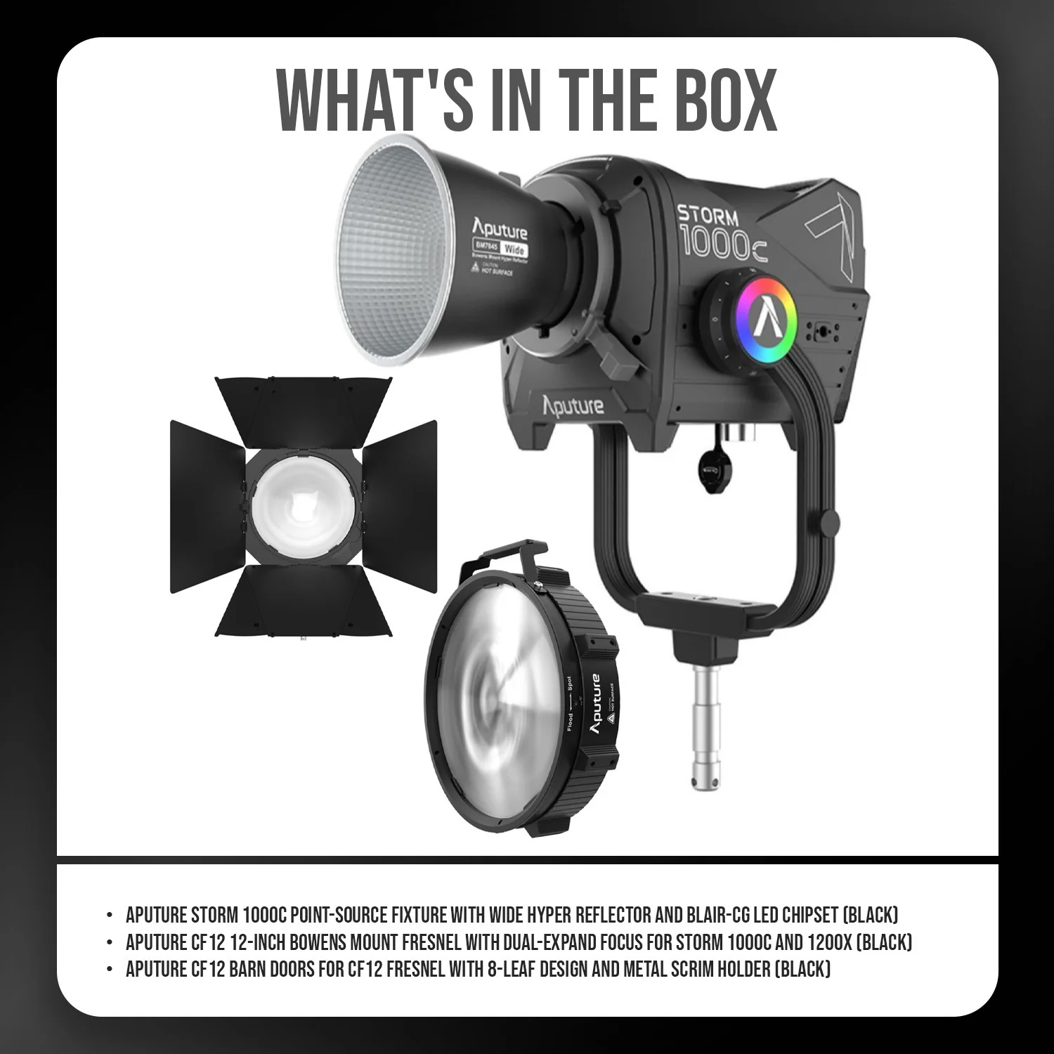 Aputure Storm 1000c Point-Source Fixture with Wide Hyper Reflector (Black) with CF12 Fresnel Bundle - Image 7