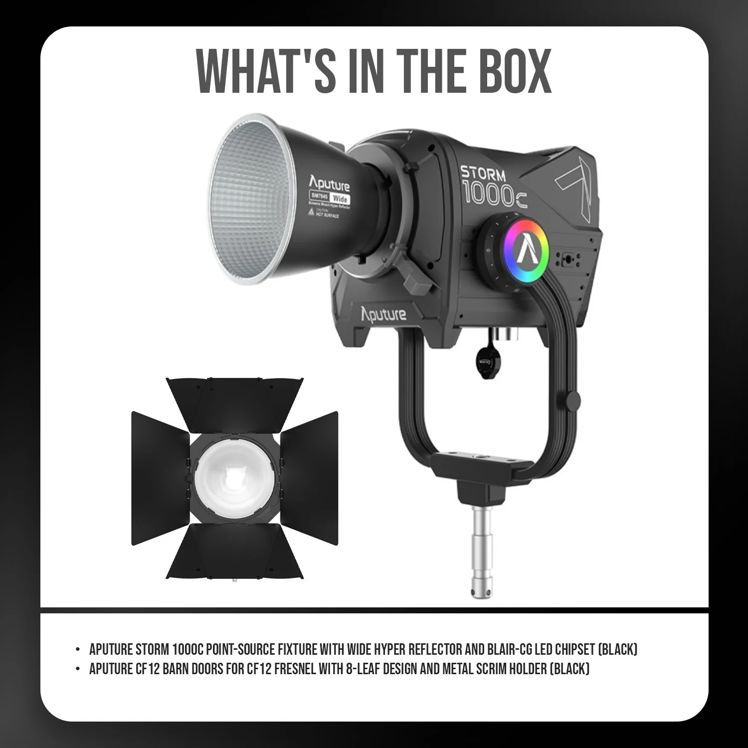 Aputure Storm 1000c Point-Source Fixture with Wide Hyper Reflector (Black) with Barn Doors Bundle - Image 7