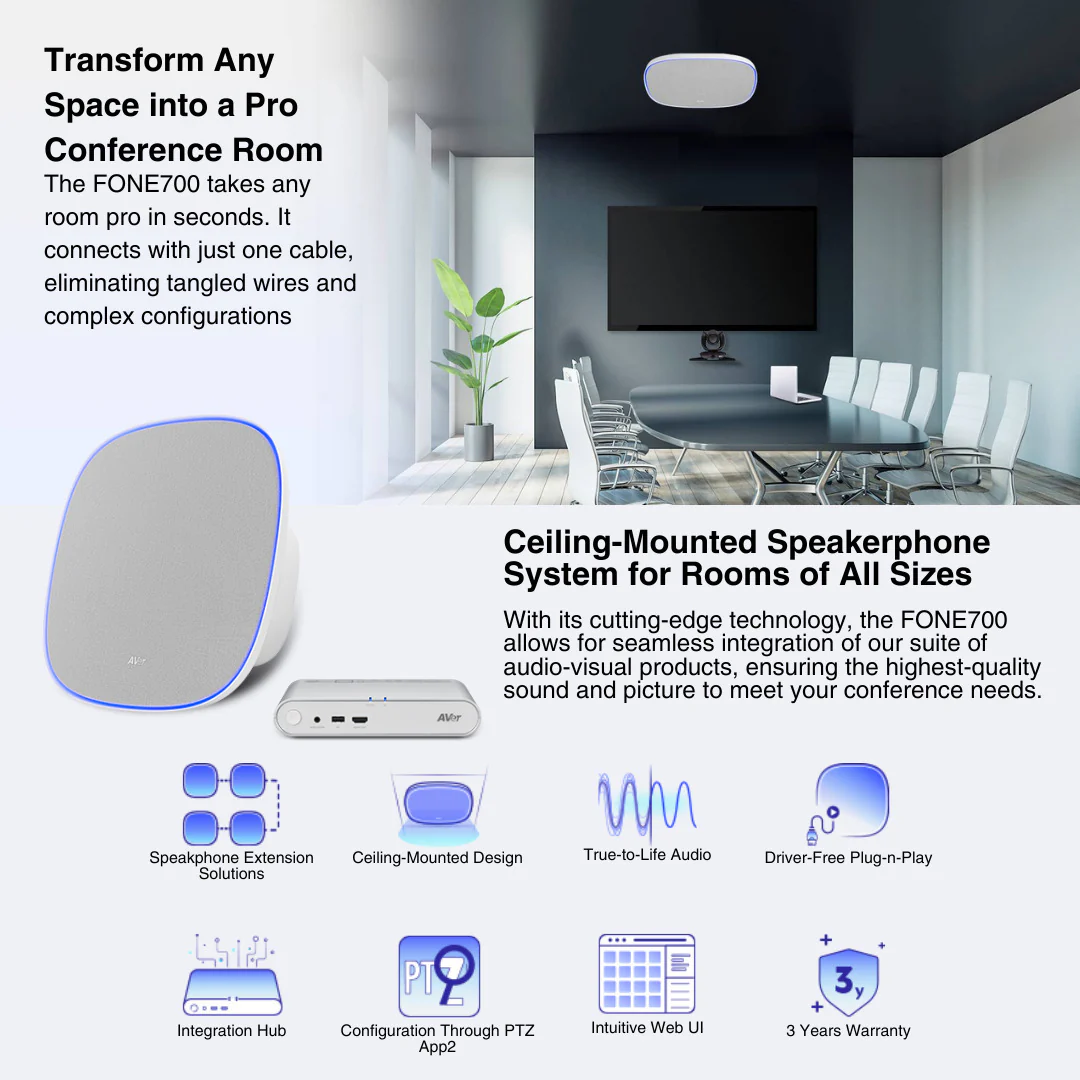 AVer FONE700 Ceiling Speakerphone System with Noise Suppression and VB130 4K Videobar (White) Bundle - Image 3
