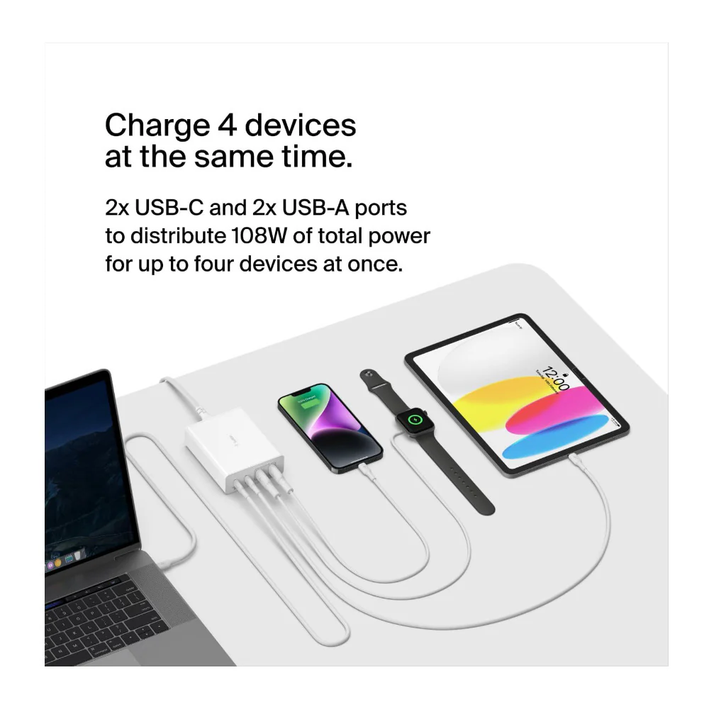 Belkin BoostCharge Pro 4 Port GaN Charger 108W USB-C (White) - Image 4