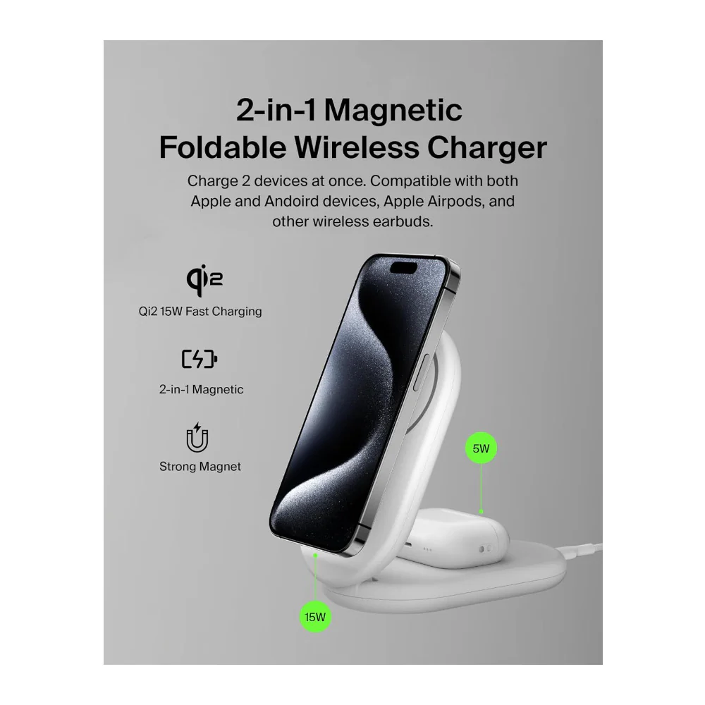 Belkin BoostCharge 15W 2-in-1 Magnetic Wireless Qi2 Charging Stand (White) - Image 2