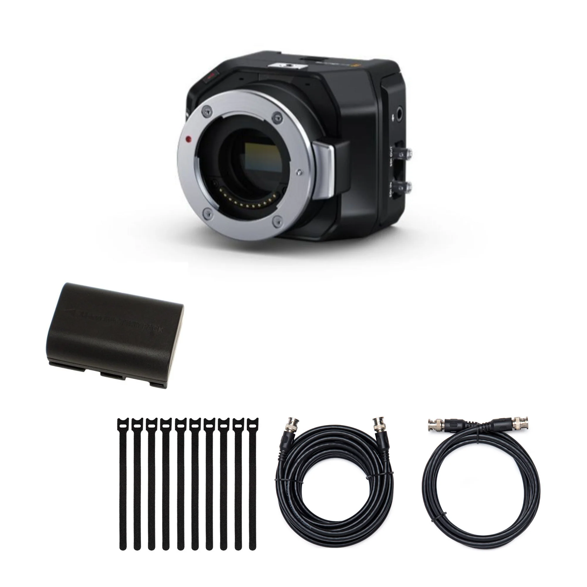 Blackmagic Design Micro Studio Camera 4K G2 with battery, SDI cable, 25' SDI cable, and Cable Ties