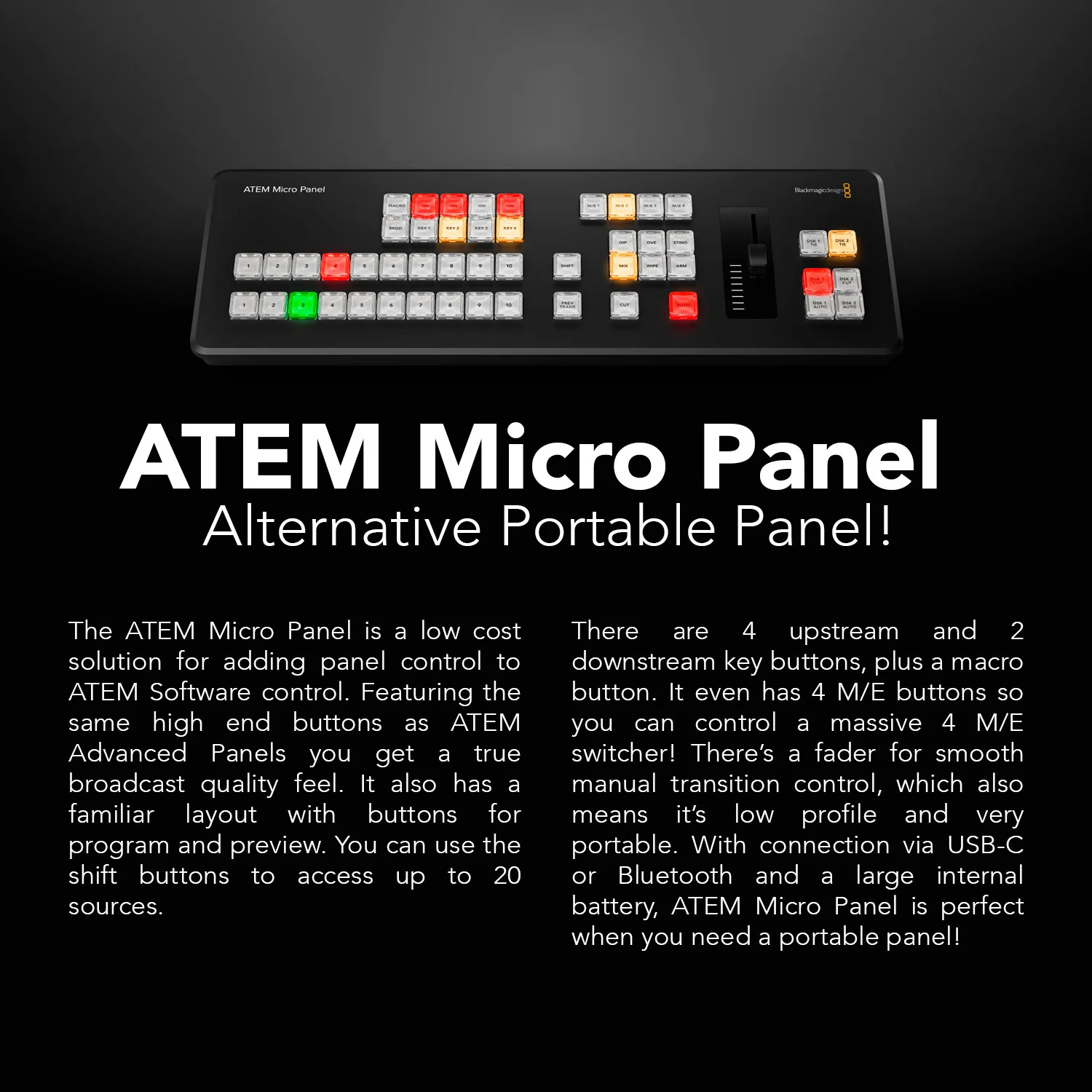Blackmagic Design ATEM Micro Live Stream Switcher Panel with 50 Tri-Color LED Backlit Buttons - Image 3