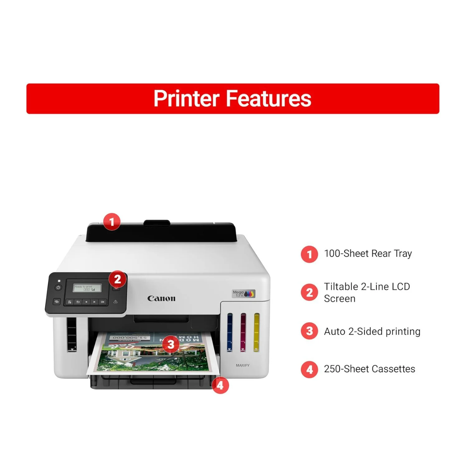 Canon MegaTank GX5120 Wi-Fi Inkjet Color Printer with Auto Duplex Printing White - Image 3
