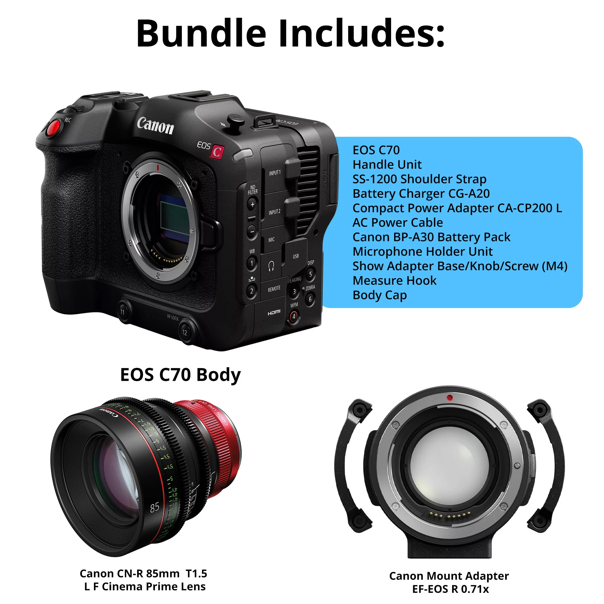 Canon EOS C70 Cinema with CN-R 85mm T1.3 L F Prime Lens & EF-EOS R 0.71x Mount Adapter Bundle - Image 2