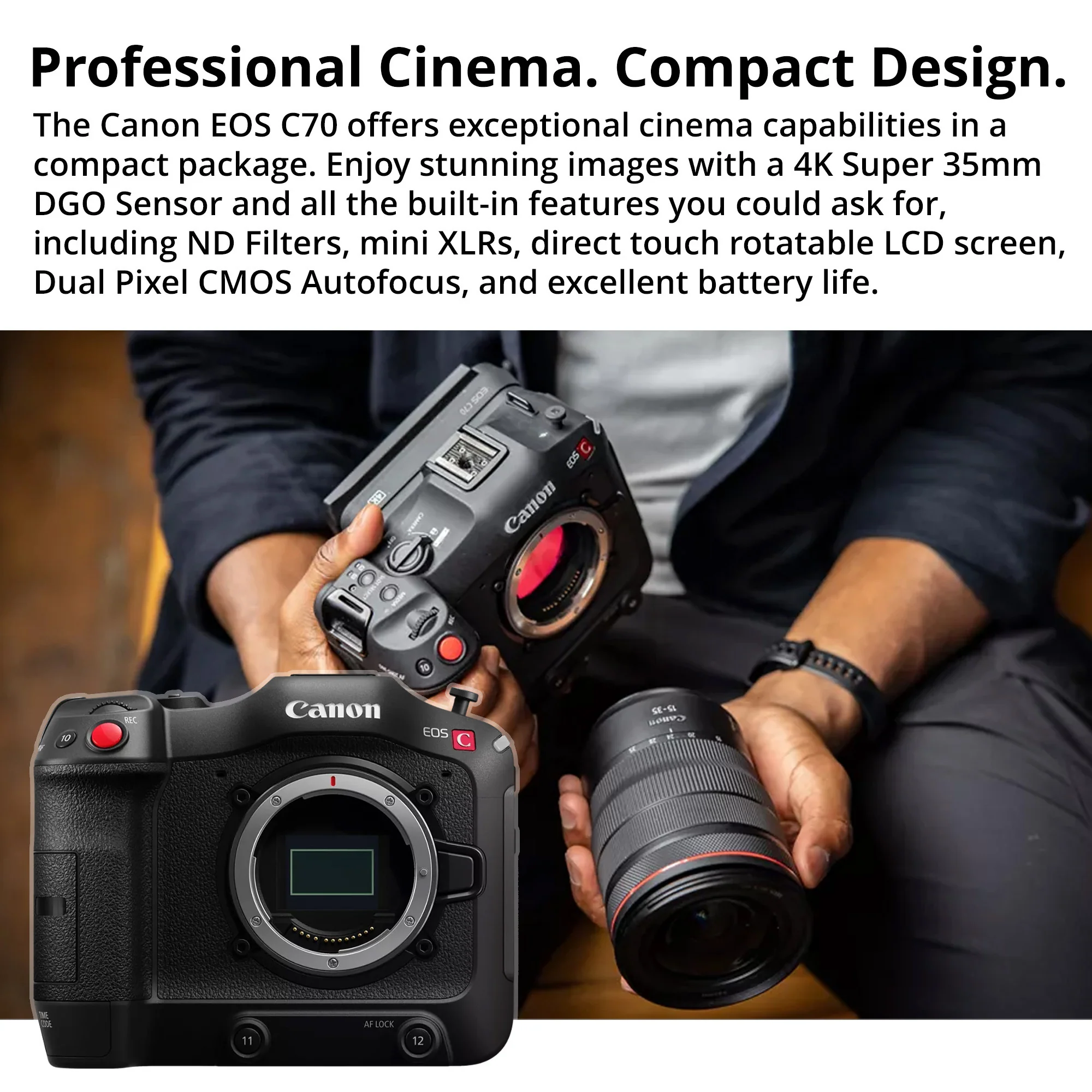 Canon EOS C70 Cinema with CN-R 85mm T1.3 L F Prime Lens & EF-EOS R 0.71x Mount Adapter Bundle - Image 3