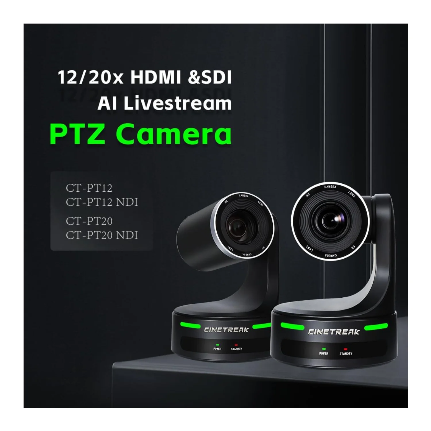 CineTreak CT-PT12NDI PTZ Camera - 1080p60, 12x Optical Zoom, AI Human Tracking - Image 3