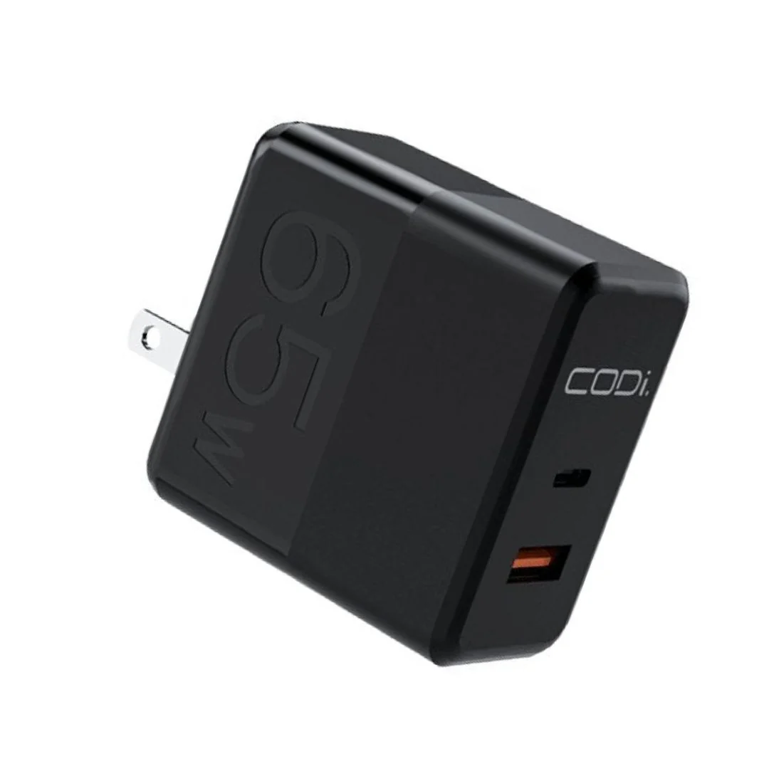 CODi 65W GaN Dual Port Wall Charger with USB-C and USB-A Quick Charge 3.0 Outputs (Black) - Image 3