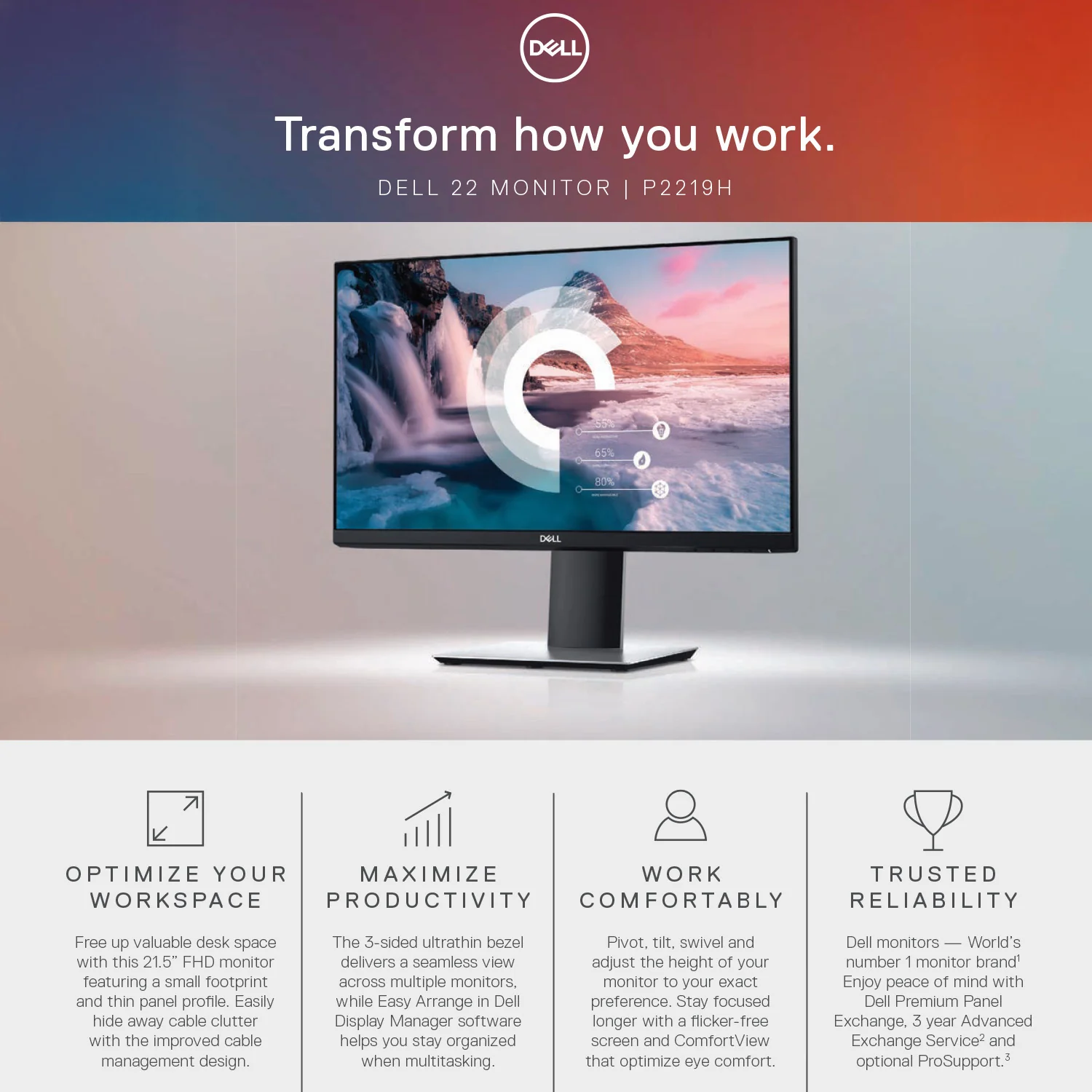 Dell P2219H 21.5" FHD IPS Monitor, Black/Silver, HDMI Cable Bundle (Refurbished) - Image 2