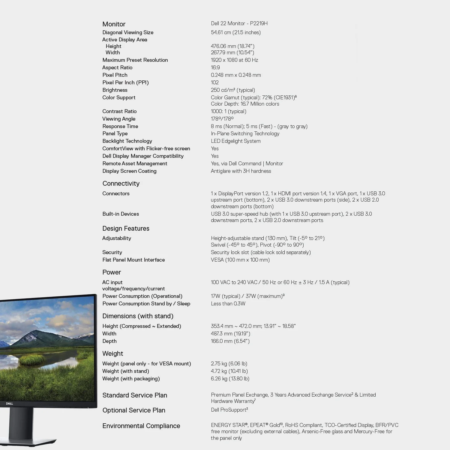 Dell P2219H 21.5" FHD IPS Monitor, Black/Silver, HDMI Cable Bundle (Refurbished) - Image 4