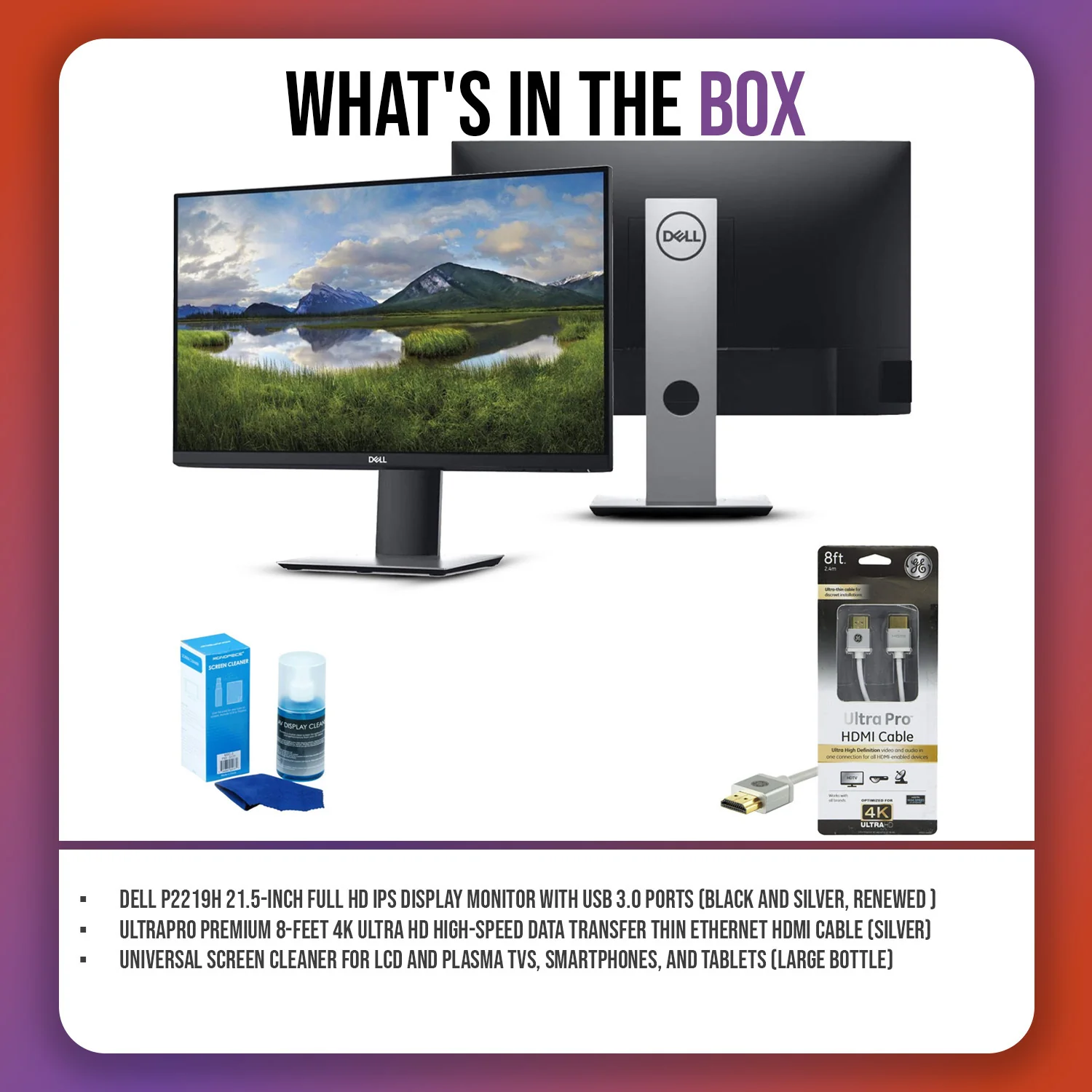 Dell P2219H 21.5" FHD IPS Monitor, Black/Silver, HDMI Cable Bundle (Refurbished) - Image 7