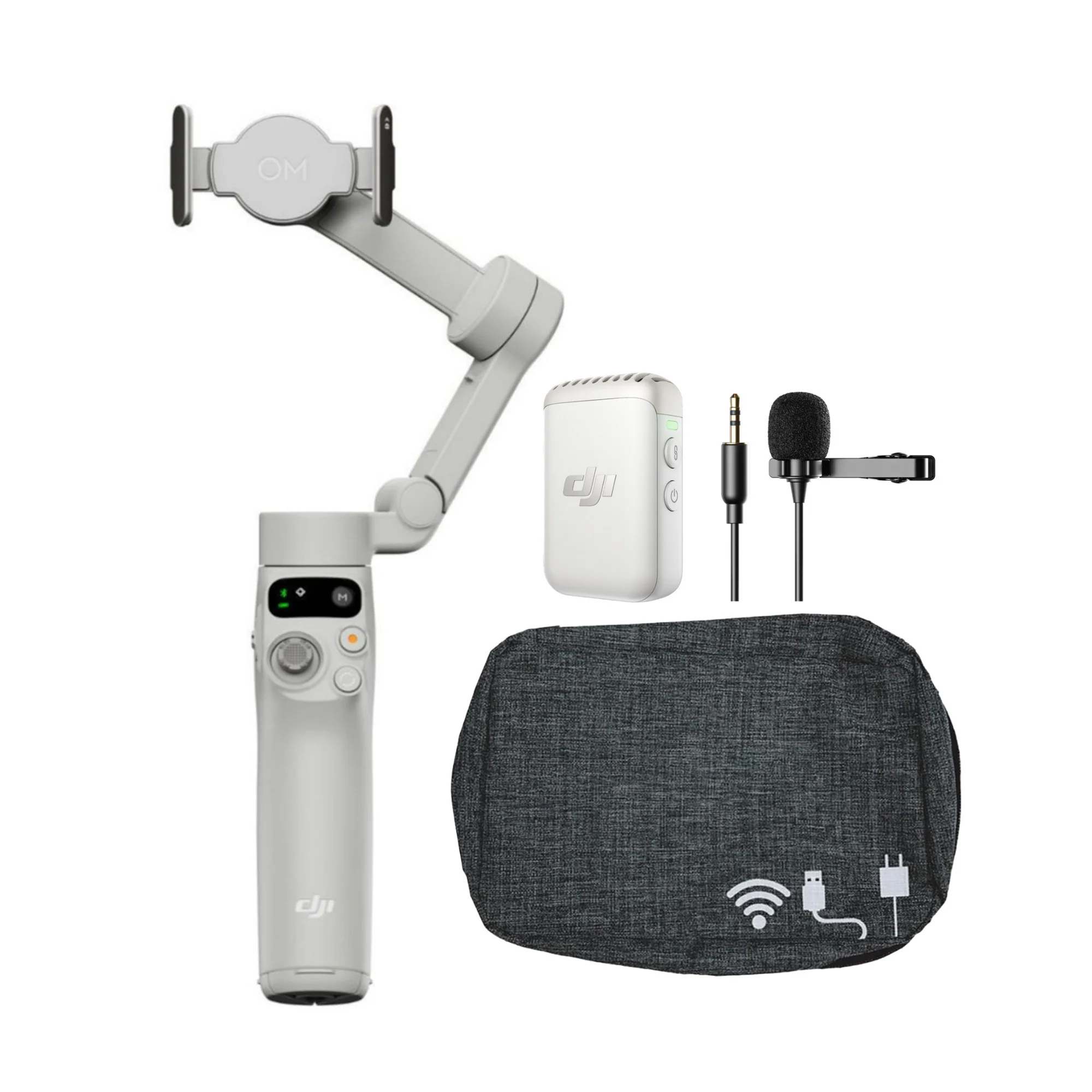 DJI Osmo Mobile 7 Gimbal with DJI Mic 2 Transmitter (White), Lavalier Mic, and Travel Case