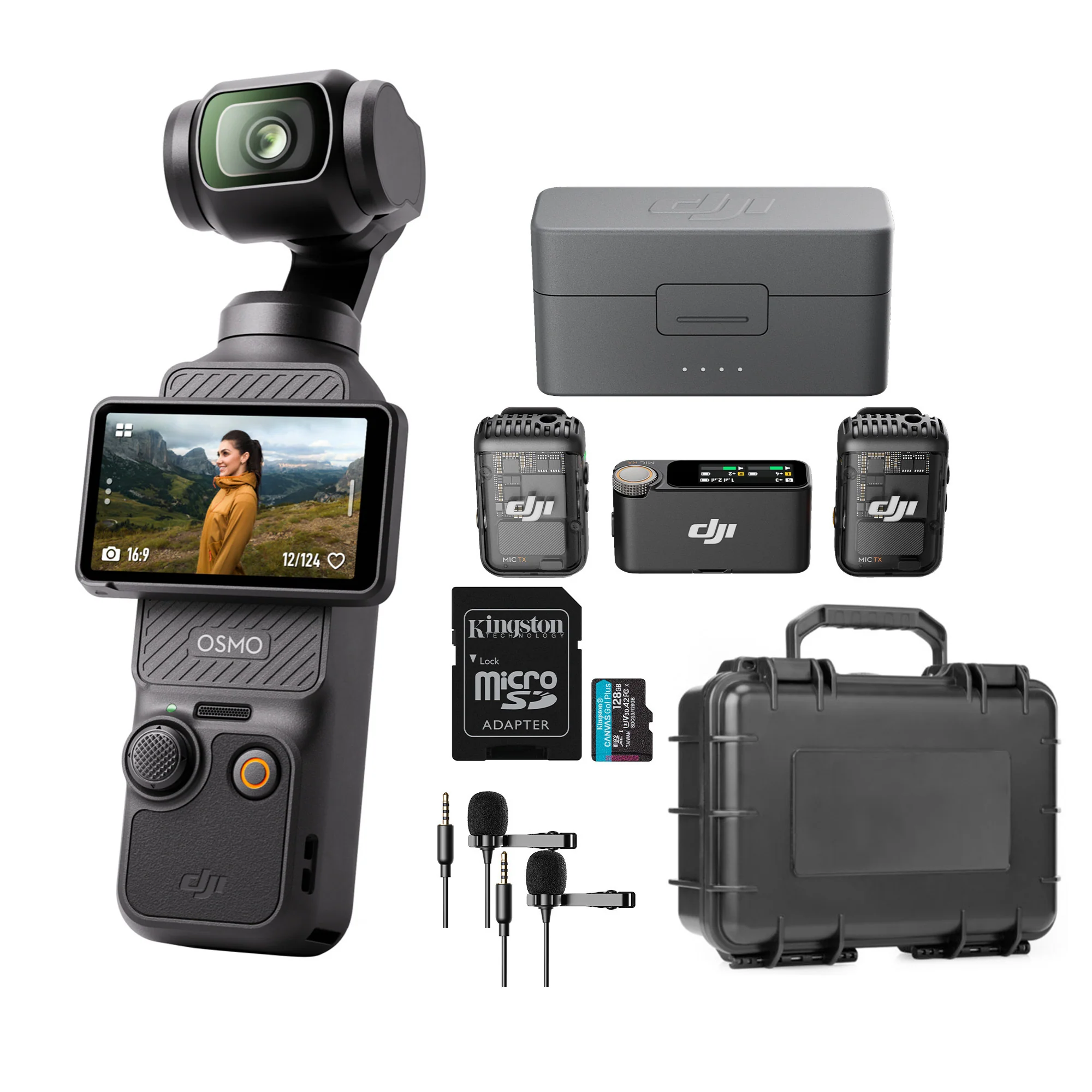 DJI Osmo Pocket 3 with Mic 2 (2 TX + 1 RX + Charging Case), Two (2) Lav Mics, 128GB MicroSD, and Imp