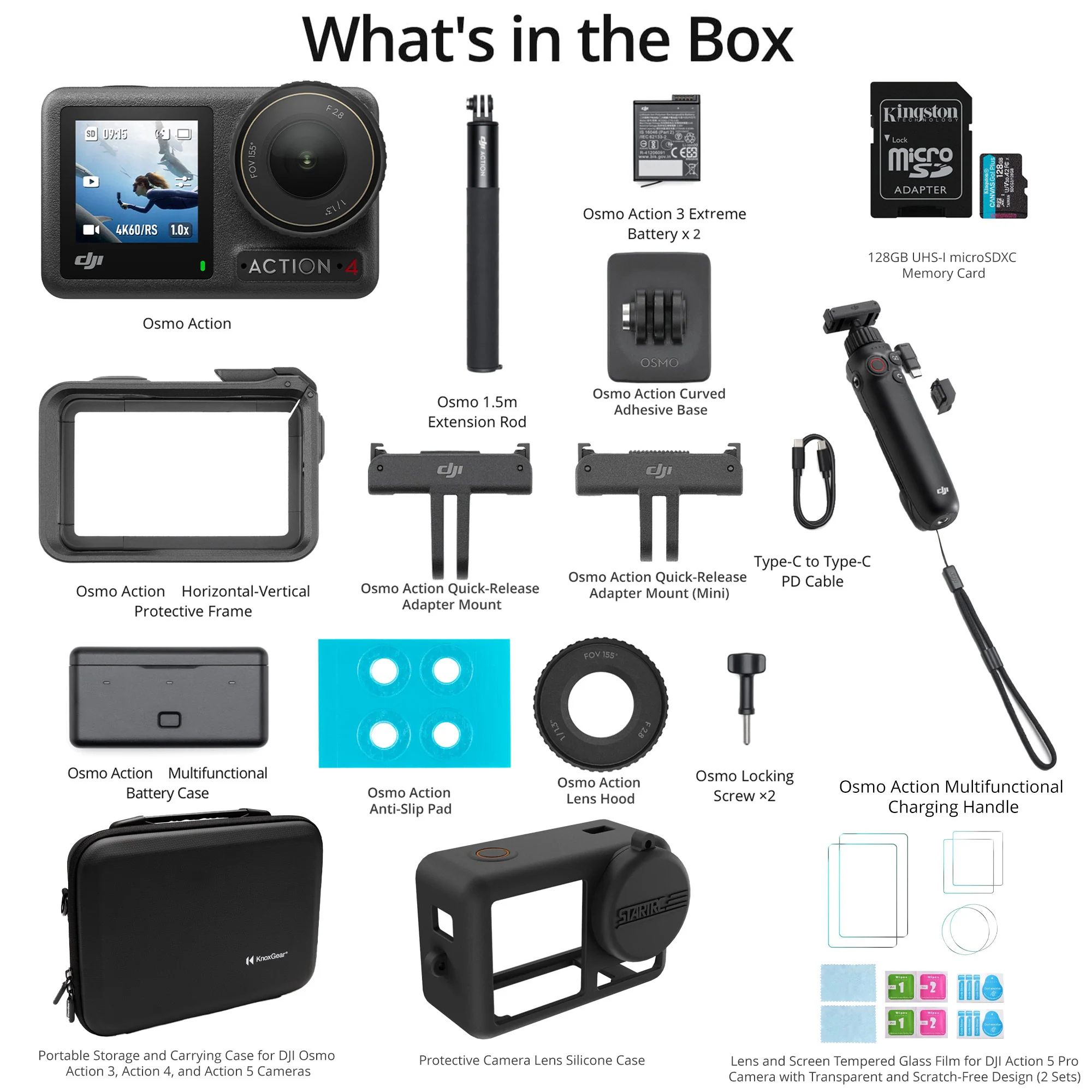 DJI Osmo Action 4 Camera Adventure Combo with Charging Handle, 128GB SD Card, Case, & Protectors - Image 7