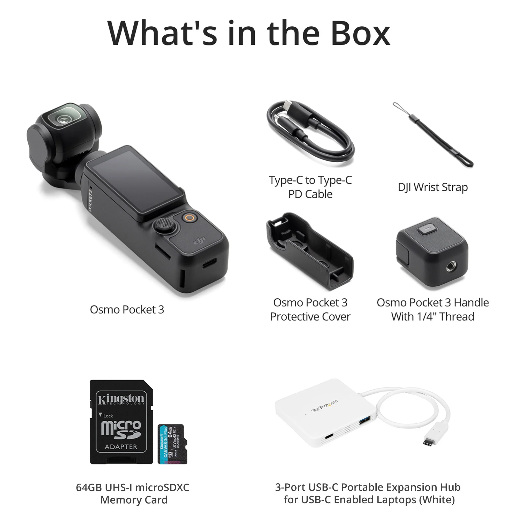 DJI Osmo Pocket 3 Handheld Action Camera with 64GB MicroSD Card and 3-Port USB-C Hub Bundle - Image 6