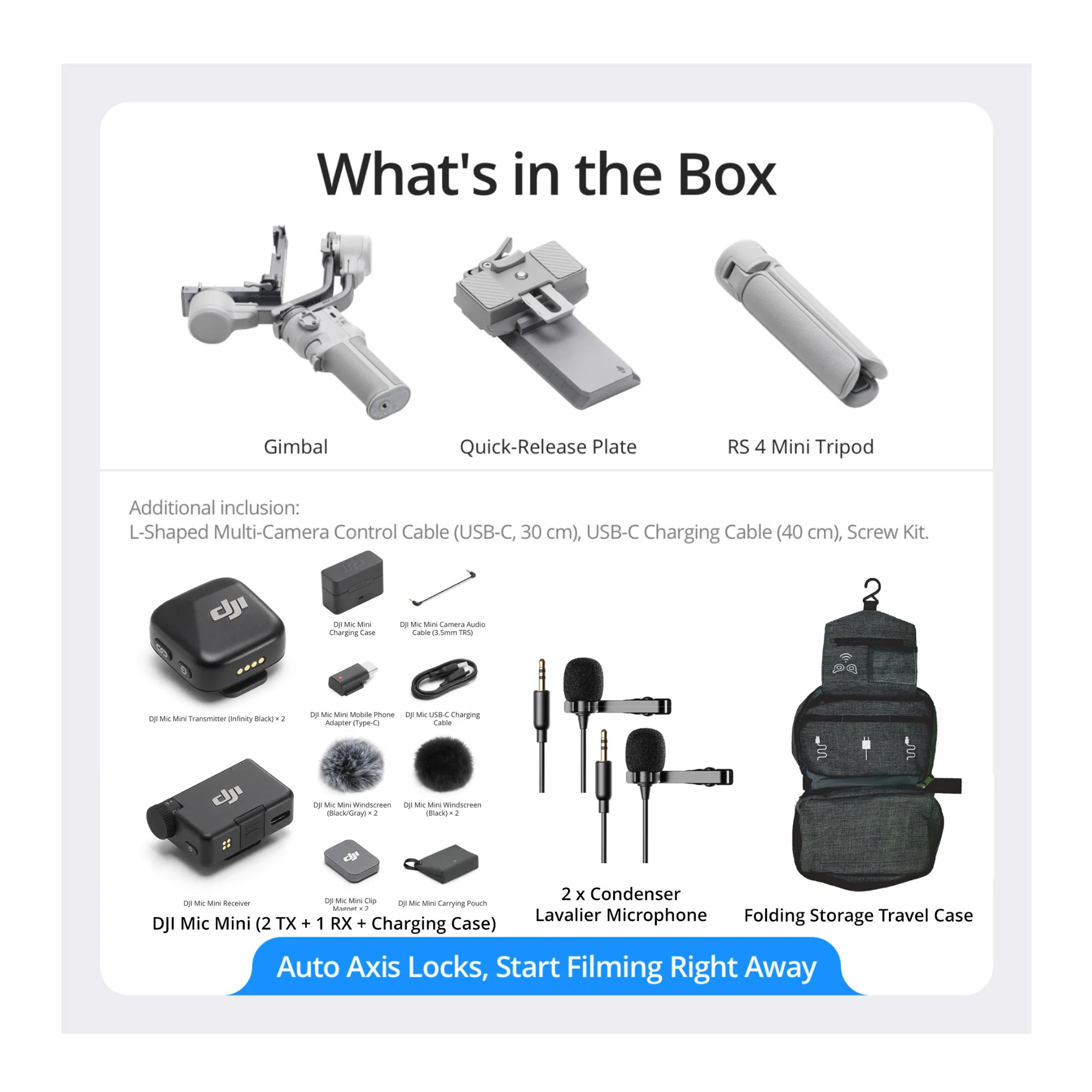 DJI RS 4 Mini Gimbal Stabilizer with Mic Mini (2 TX+ 1 RX+ Charging Case), Case, and 2 Lavalier Mics