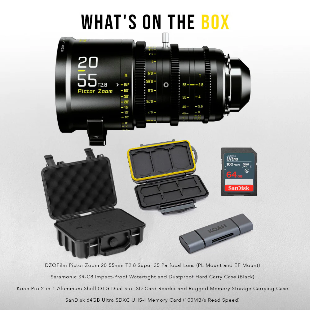 DZOFilm Pictor Zoom 20-55mm T2.8 Super 35 Parfocal Lens (PL Mount and EF Mount) Bundle - Image 7