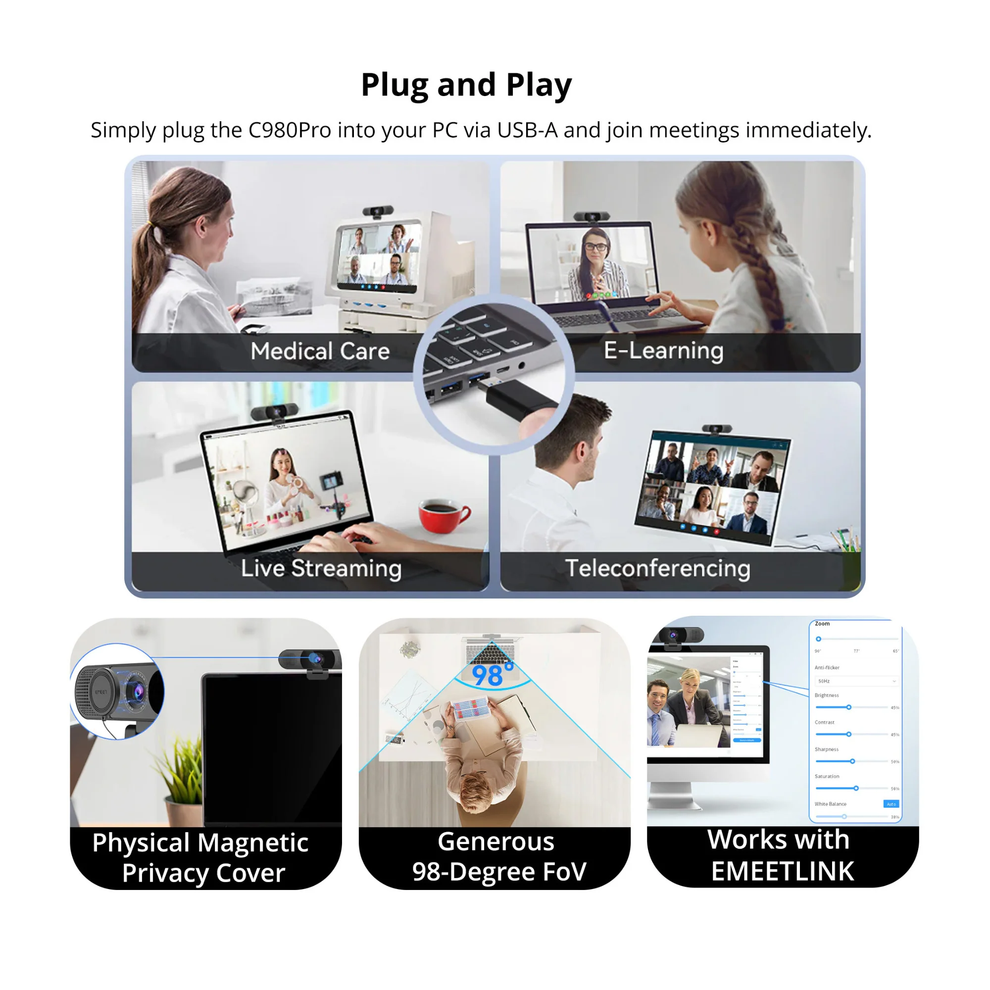 eMeet C980 Pro Full HD Webcam with Noise Reduction Microphone and Speakers - Image 7