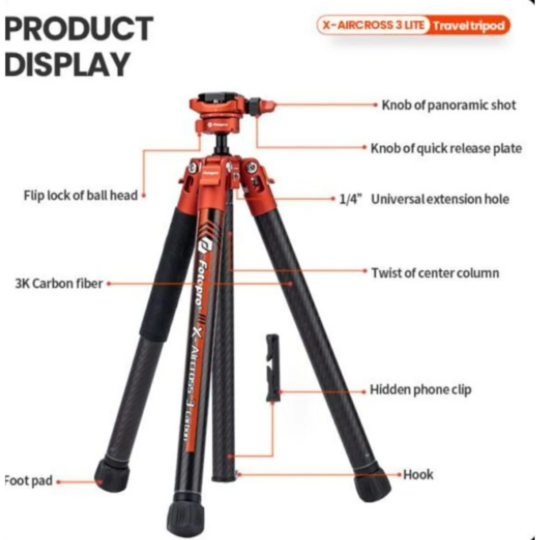 Fotopro X-Aircross 3 Lite Tripod with 3K Carbon Fiber Legs and Fast Locking System (Orange) - Image 6