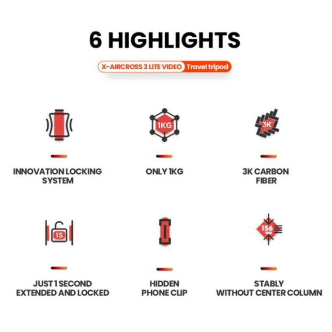 Fotopro X-Aircross 3 Lite Video Tripod with 3K Carbon Fiber Legs and Fast Locking System (Gray) - Image 4