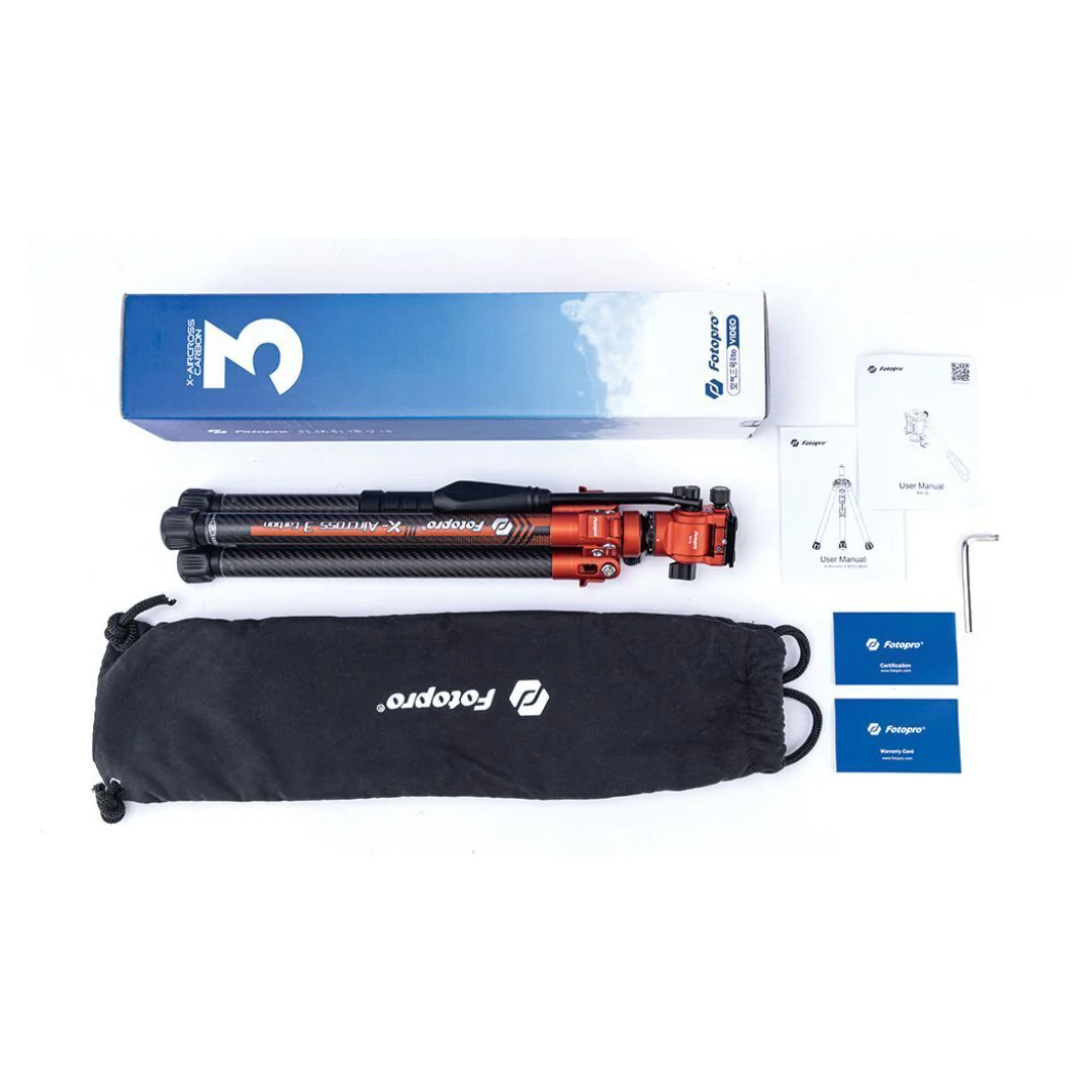Fotopro X-Aircross 3 Lite Video Tripod with 3K Carbon Fiber Legs and Fast Locking System (Orange) - Image 3