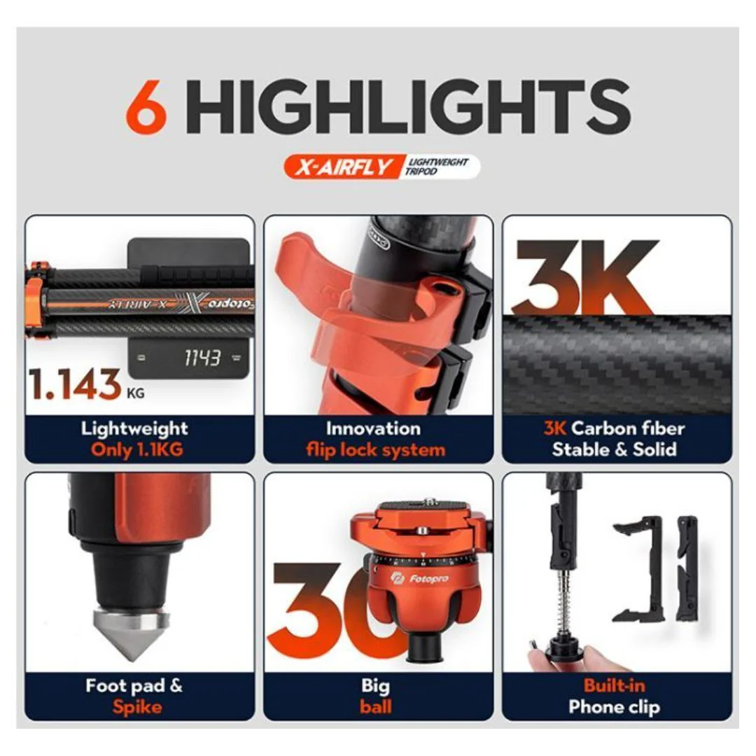 Fotopro X-Airfly Tripod with Lightweight 3K Carbon Fiber Legs and Flip Lock System (Orange) - Image 4