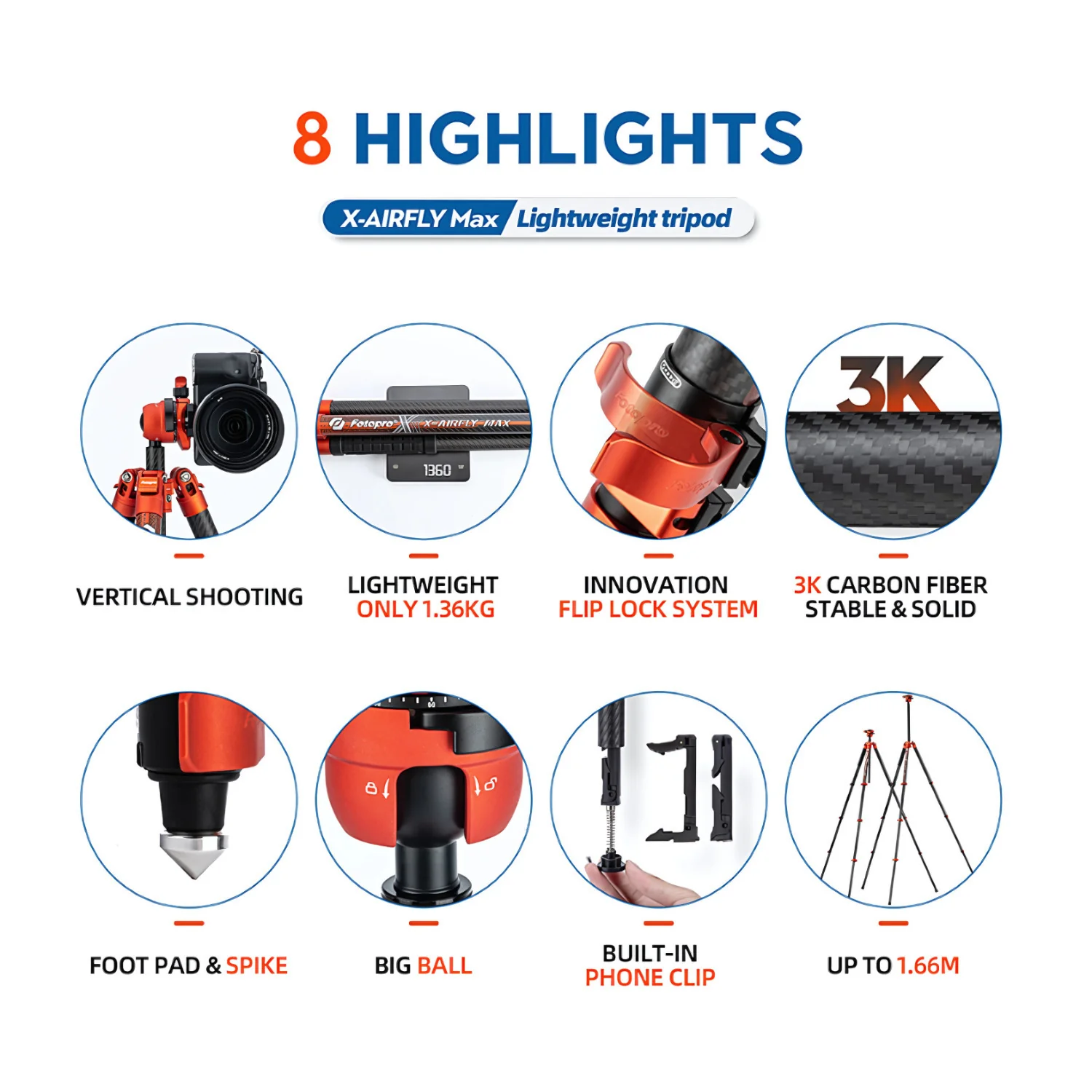 Fotopro X-Airfly Max Tripod with Detachable Monopod and Phone Holder (Orange) - Image 5