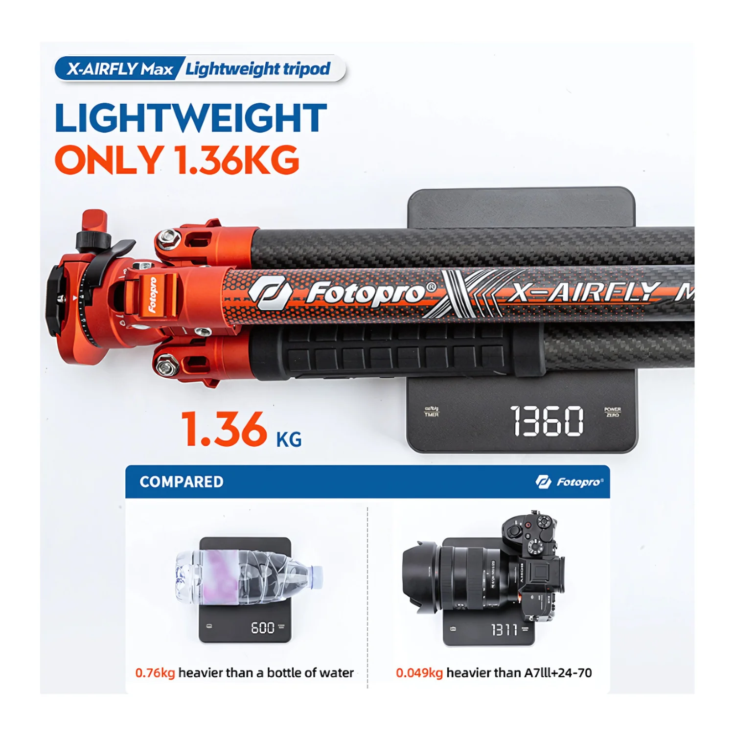 Fotopro X-Airfly Max Tripod with Detachable Monopod and Phone Holder (Orange) - Image 7