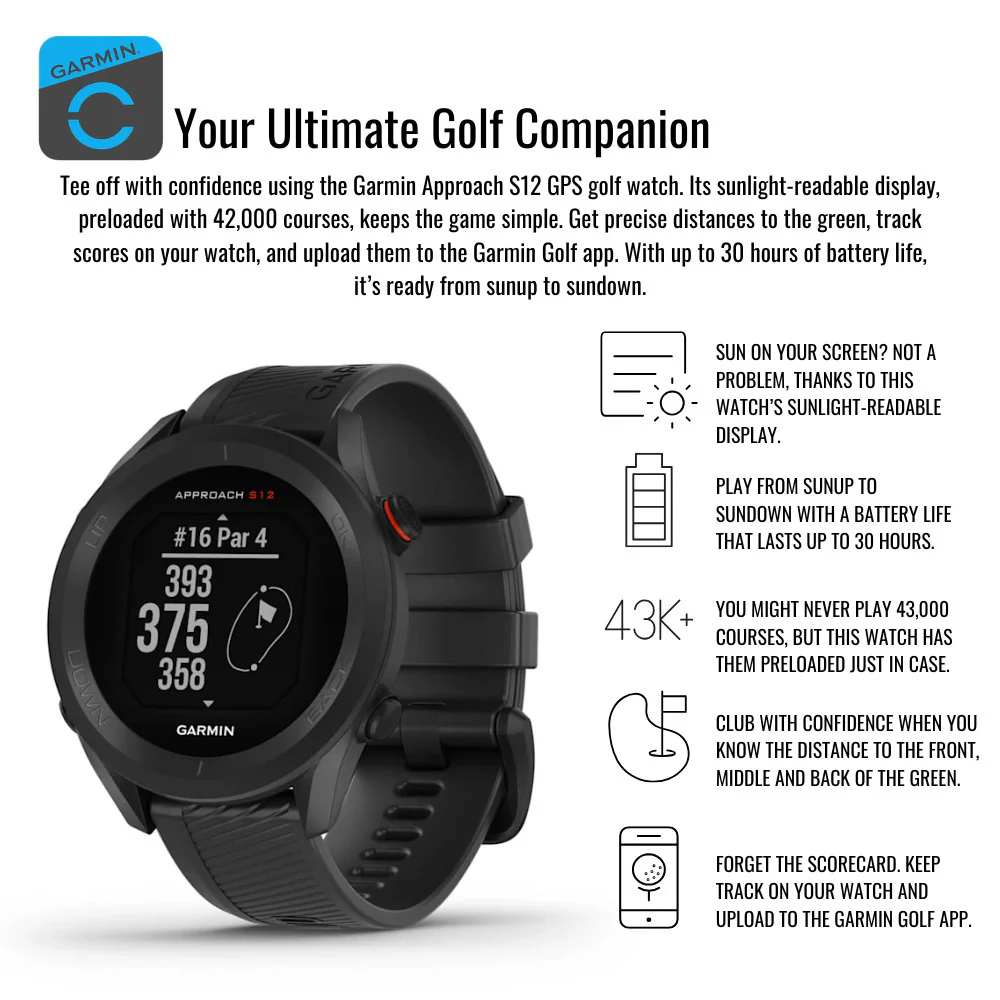 Garmin Approach S12 Golf Watch (Black) and Focus Camera Portable Charger Stand Bundle - Image 4