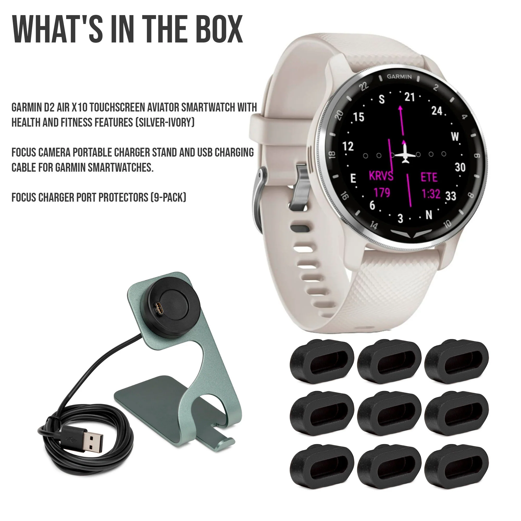 Garmin D2 Air X10 Touchscreen Aviator Smartwatch with Fitness Features (Silver-Ivory) Bundle - Image 3