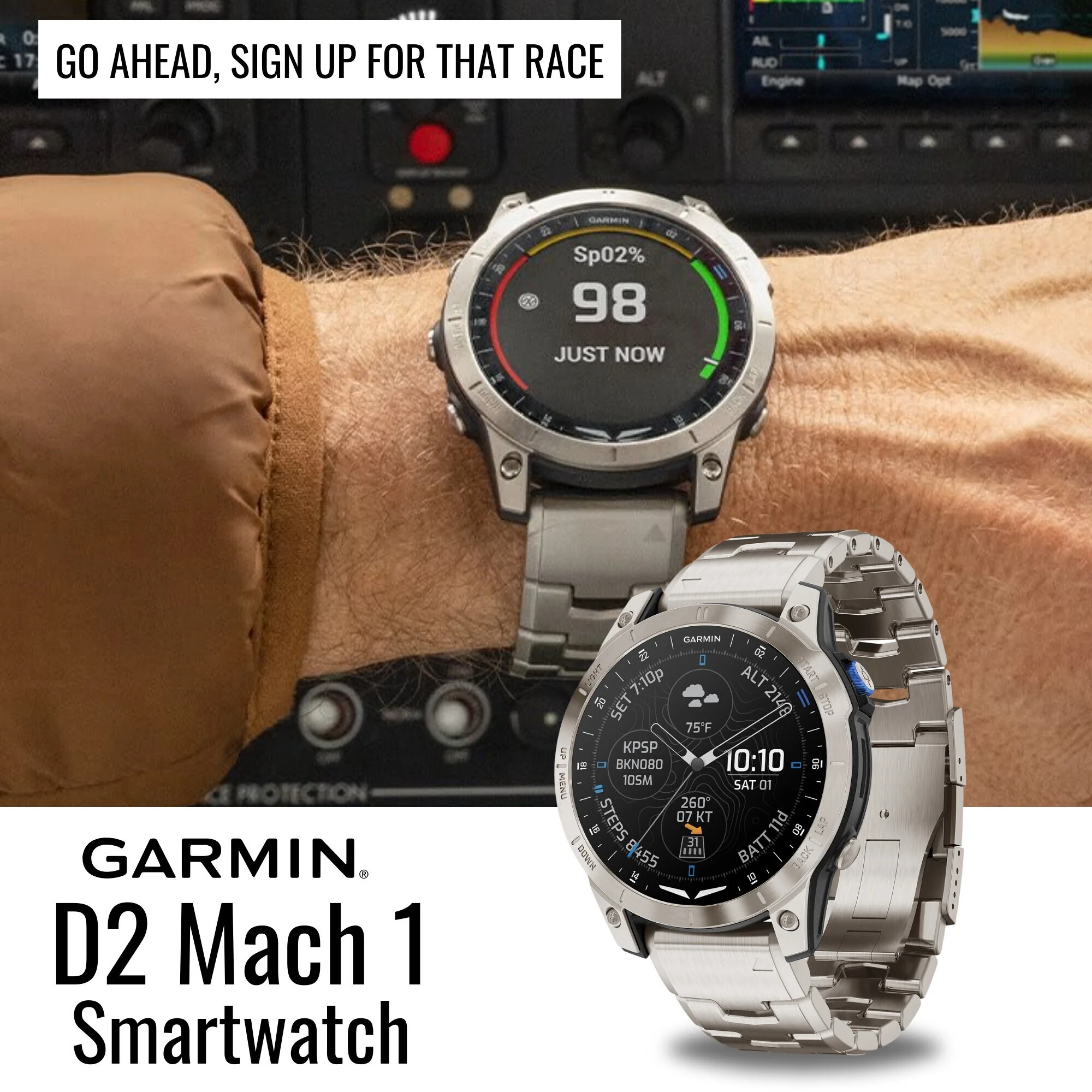 Garmin D2 Mach 1 Smartwatch with Vented Titanium Bracelet with Charger Stand and USB Cable Bundle - Image 2