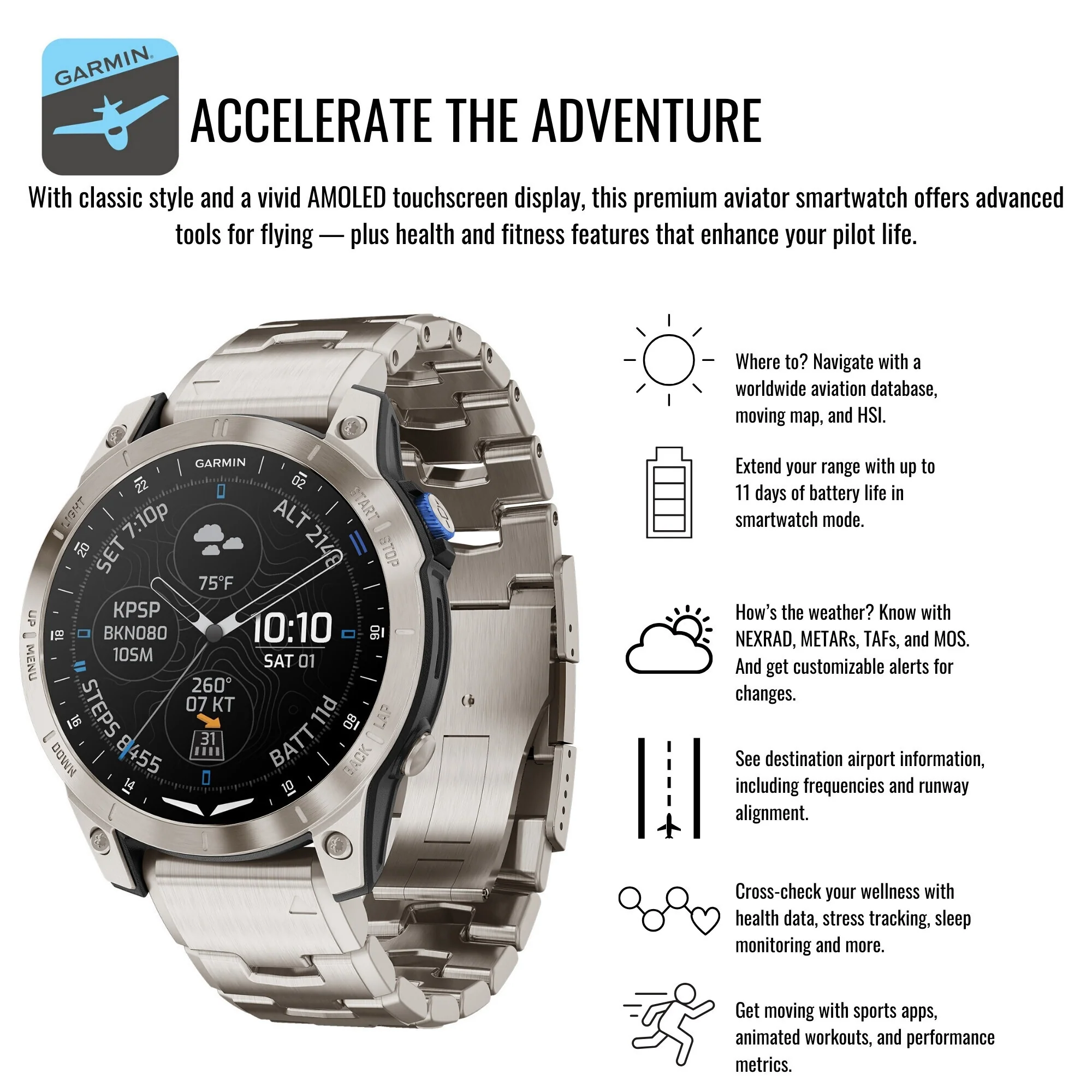 Garmin D2 Mach 1 Smartwatch with Vented Titanium Bracelet with Charger Stand and USB Cable Bundle - Image 5