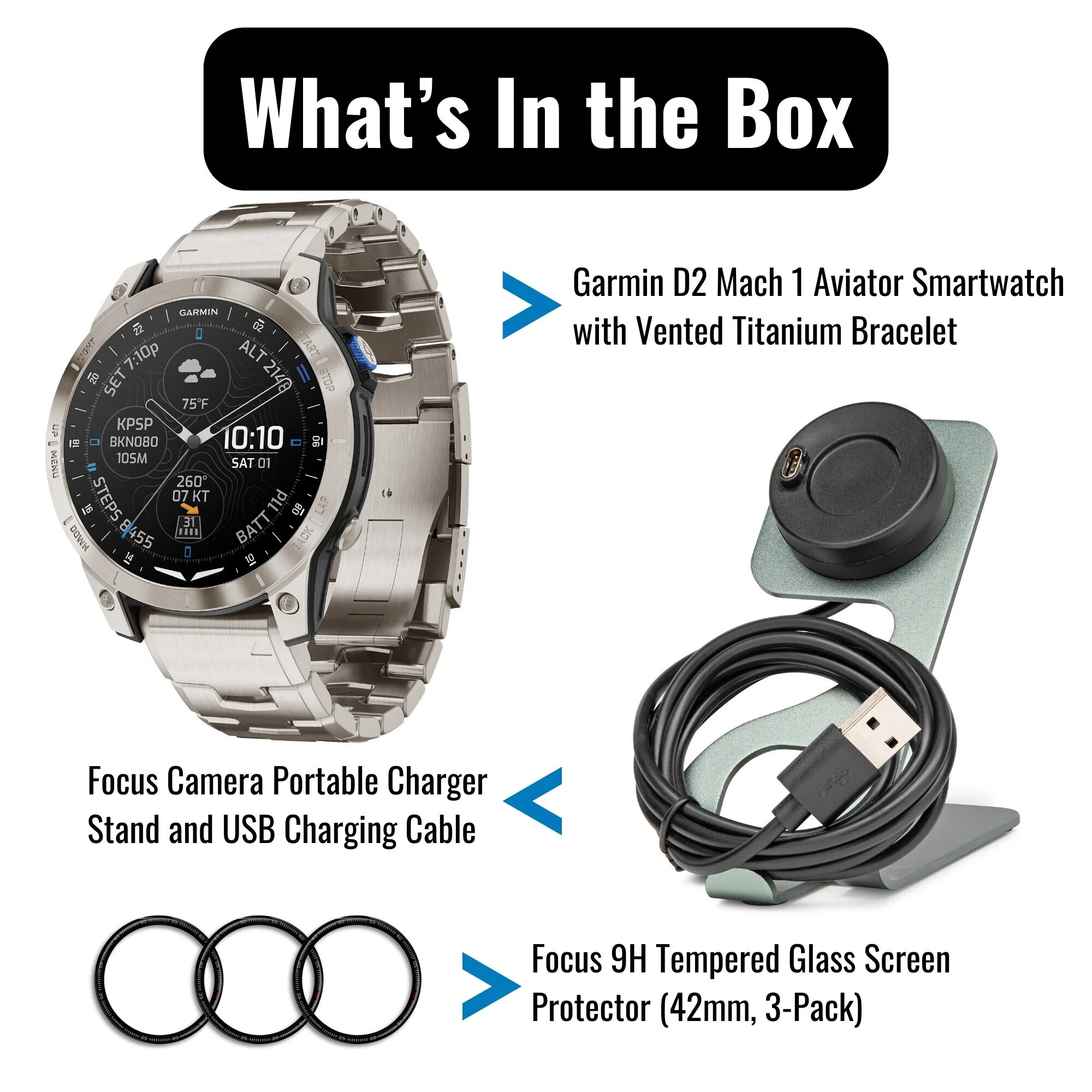 Garmin D2 Mach 1 Smartwatch with Vented Titanium Bracelet with Charger Stand and USB Cable Bundle - Image 7