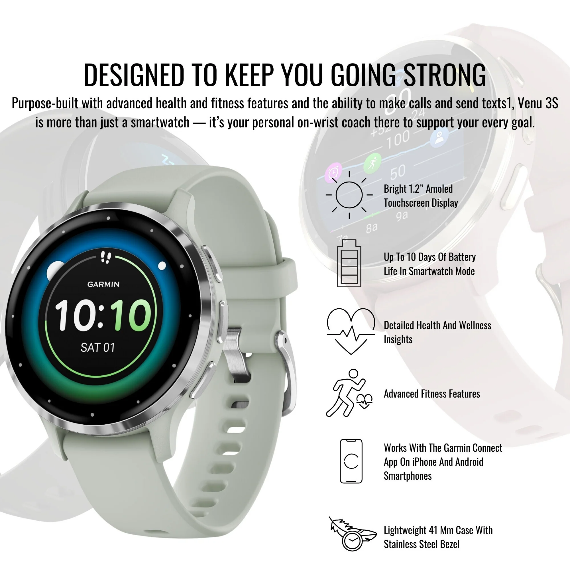 Garmin Venu 3S Smartwatch (Silver and Sage Gray) with Focus Camera Charger Stand and Cable Bundle - Image 5