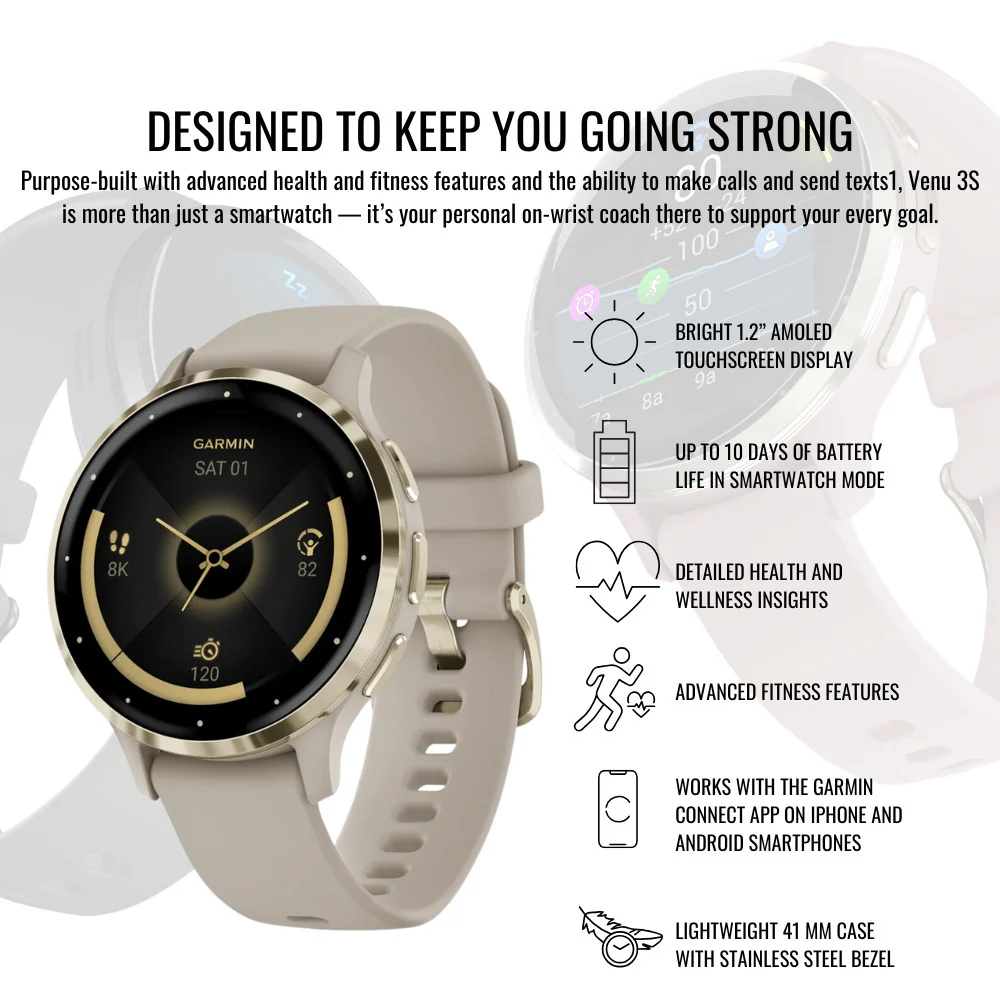 Garmin Venu 3S Soft Gold Stainless Steel Bezel Smartwatch with Ivory Case and Silicone Band Bundle - Image 3