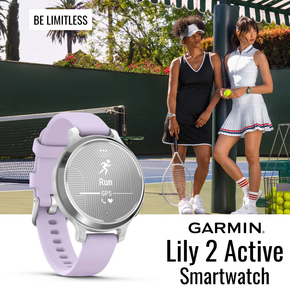 Garmin Lily 2 Active GPS Smartwatch (Silver and Purple Jasmine) with Charger Stand Bundle - Image 2