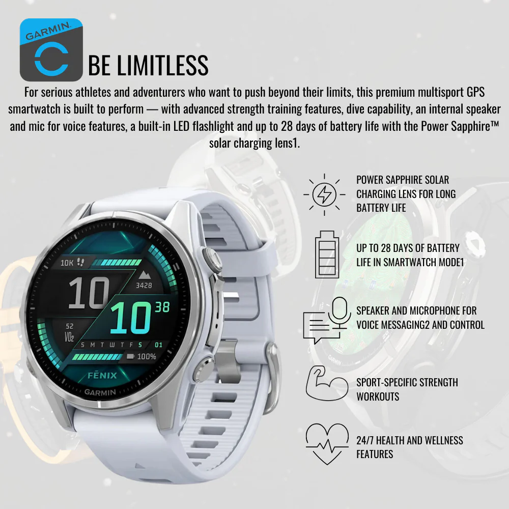 Garmin Fenix 8 43mm AMOLED GPS Smartwatch (Silver and Whitestone) with Portable Charger Stand Bundle - Image 3