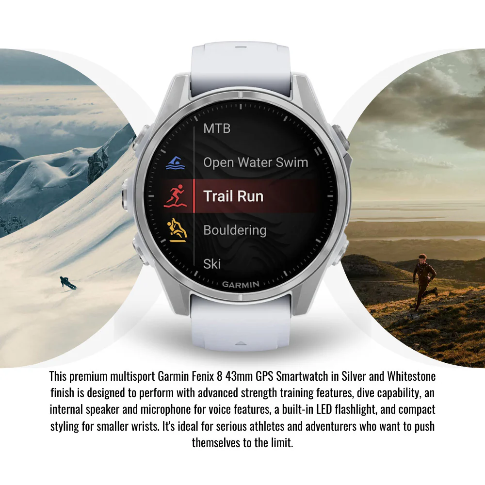 Garmin Fenix 8 43mm AMOLED GPS Smartwatch (Silver and Whitestone) with Portable Charger Stand Bundle - Image 5