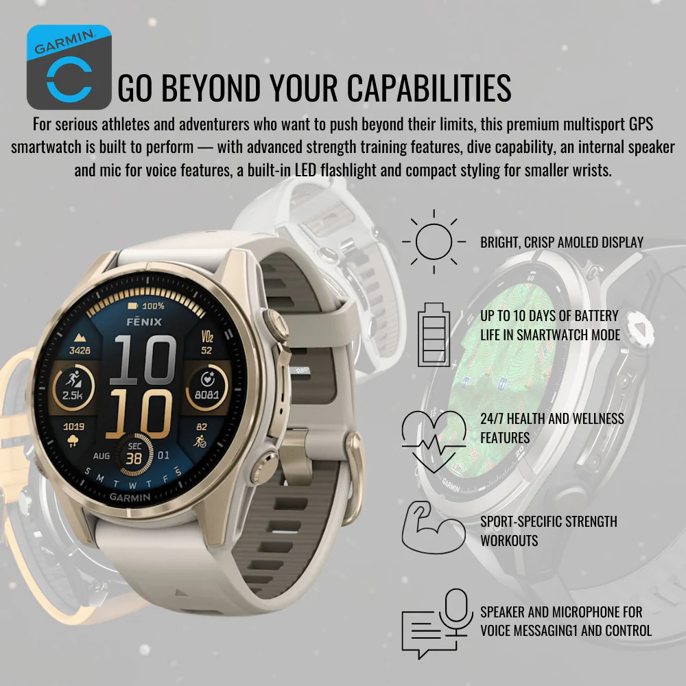 Garmin Fenix 8 AMOLED 43mm GPS Smartwatch (Soft Gold and Fog Gray-Dark Sandstone) Bundle - Image 3