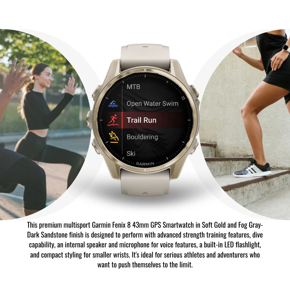 Garmin Fenix 8 AMOLED 43mm GPS Smartwatch (Soft Gold and Fog Gray-Dark Sandstone) Bundle - Image 5