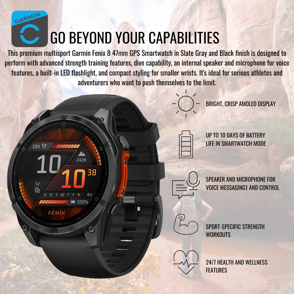 Garmin Fenix 8 47mm GPS Smartwatch (Slate Gray-Black) with Power Bank and Screen Protector Bundle - Image 3