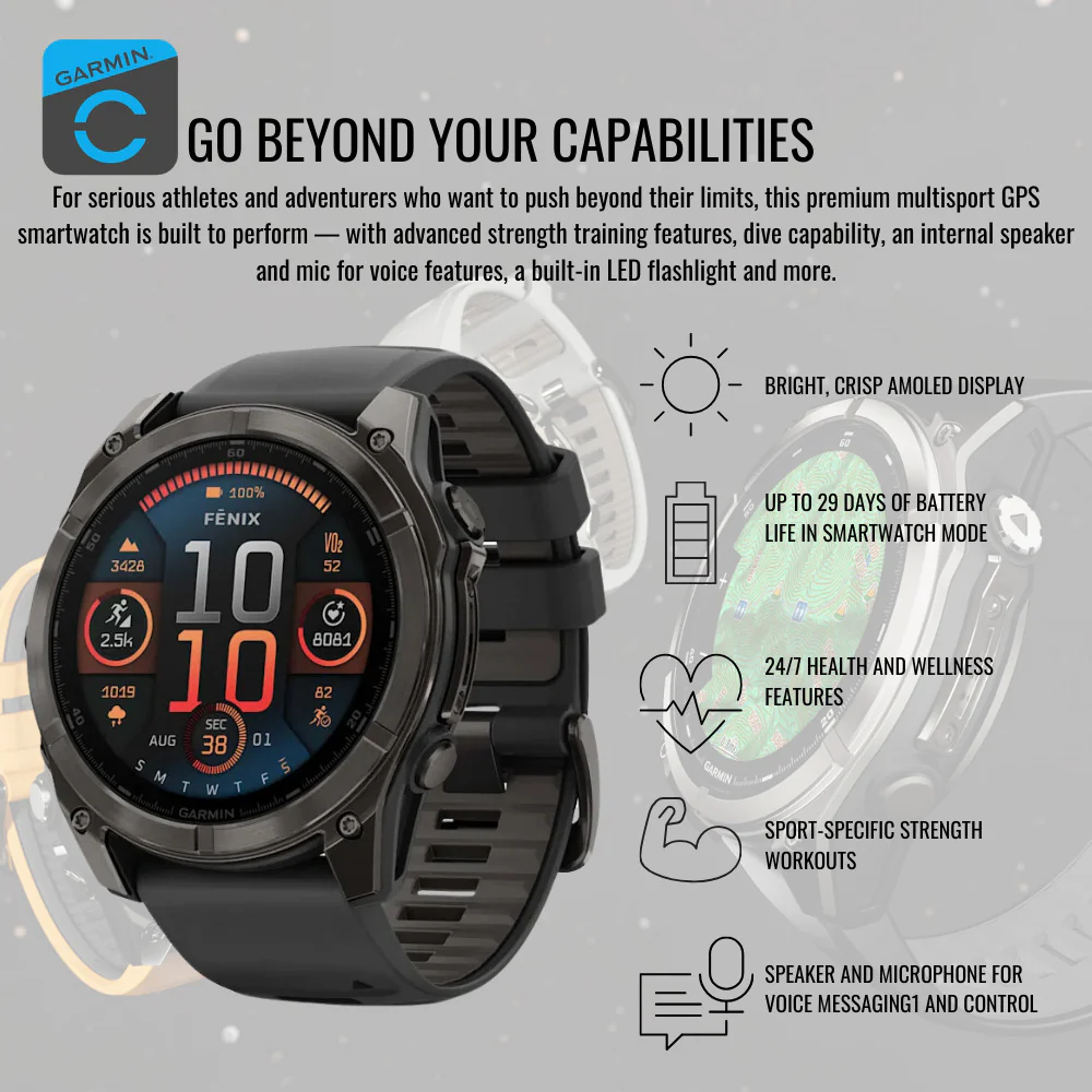 Garmin Fenix 8 AMOLED Sapphire 51mm GPS Smartwatch (Black and Pebble Gray) with Charger Stand Bundle - Image 3