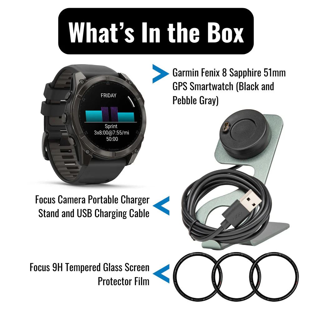 Garmin Fenix 8 AMOLED Sapphire 51mm GPS Smartwatch (Black and Pebble Gray) with Charger Stand Bundle - Image 7