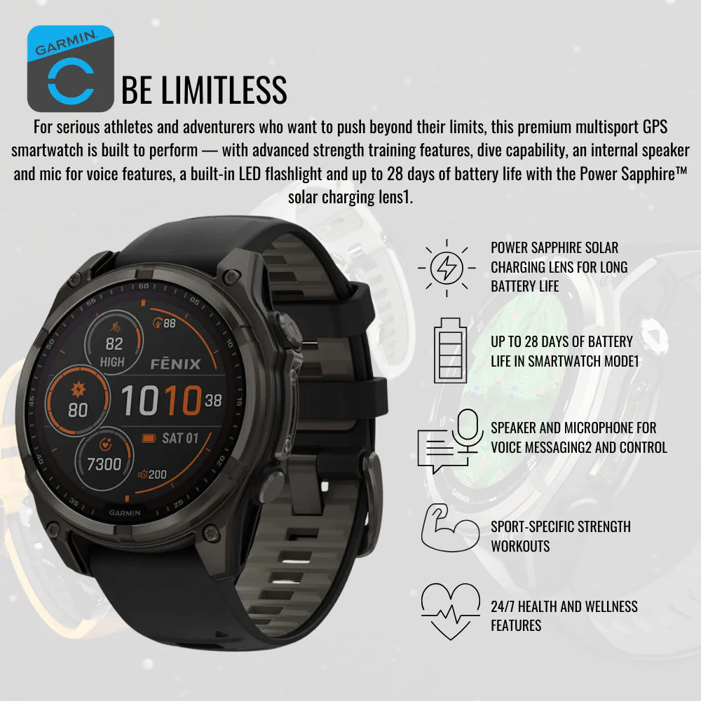 Garmin Fenix 8 Sapphire Solar 51mm Smartwatch (Black and Pebble Gray) with Charger Stand Bundle - Image 3
