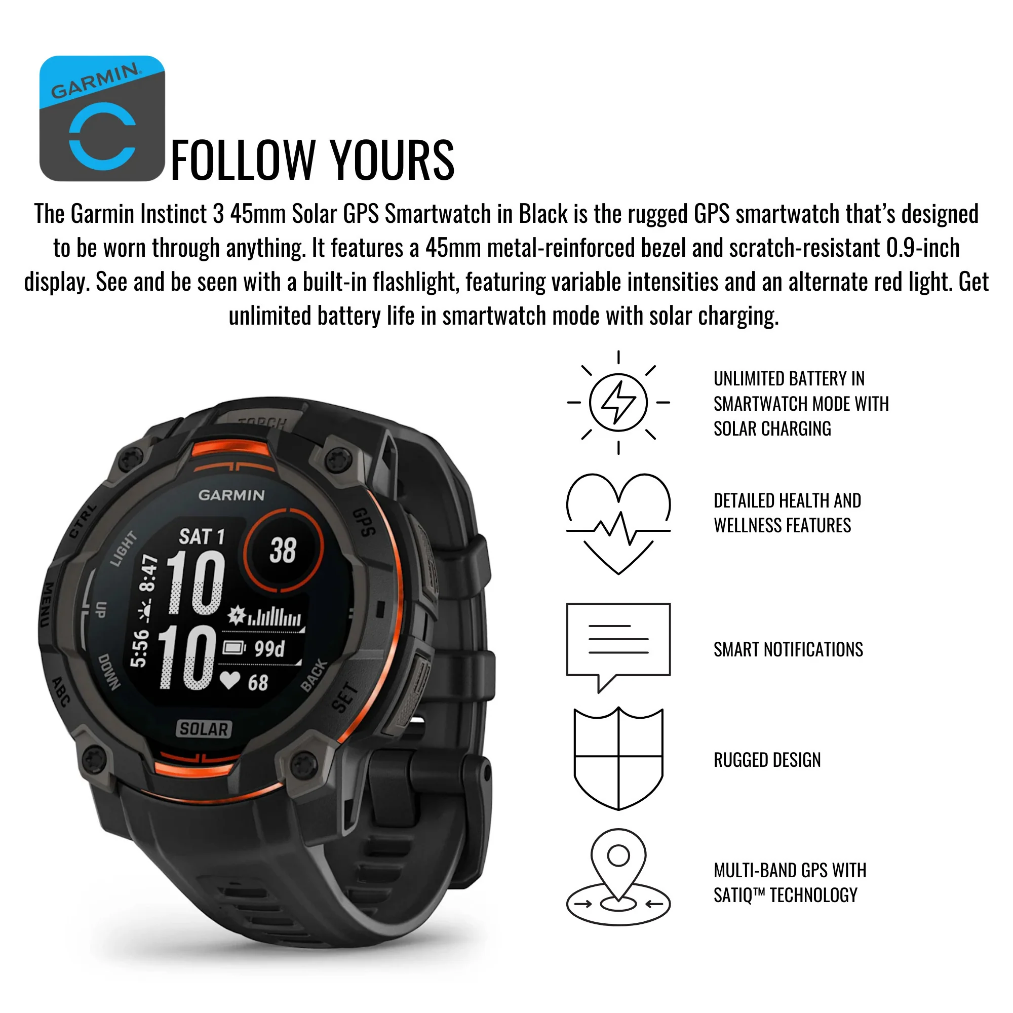 Garmin Instinct 3 45mm Solar GPS Smartwatch with SatIQ Technology (Black) and Charger Stand Bundle - Image 3